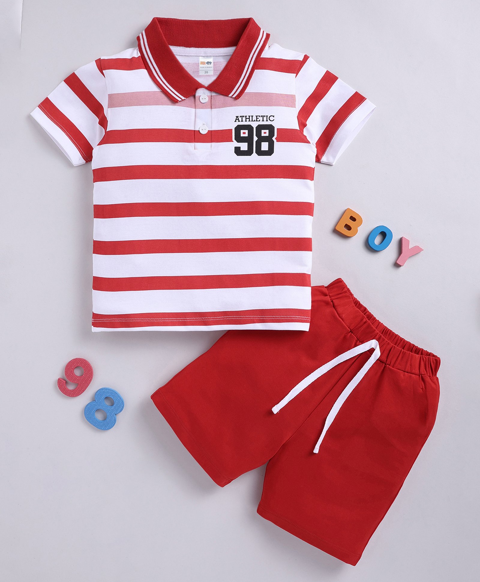 Little Ninja Cotton Half Sleeves Striped & 98 Numerical Printed Polo Tee Shorts Set - Red-image-31
