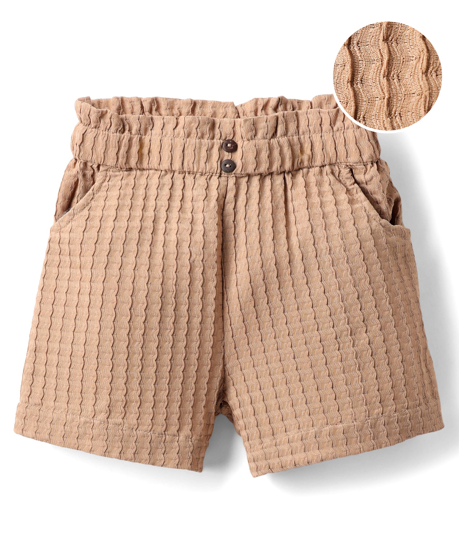 Kookie Kids Woven Solid Paper Bag Waist Textured Shorts With Pockets - Brown-image-22