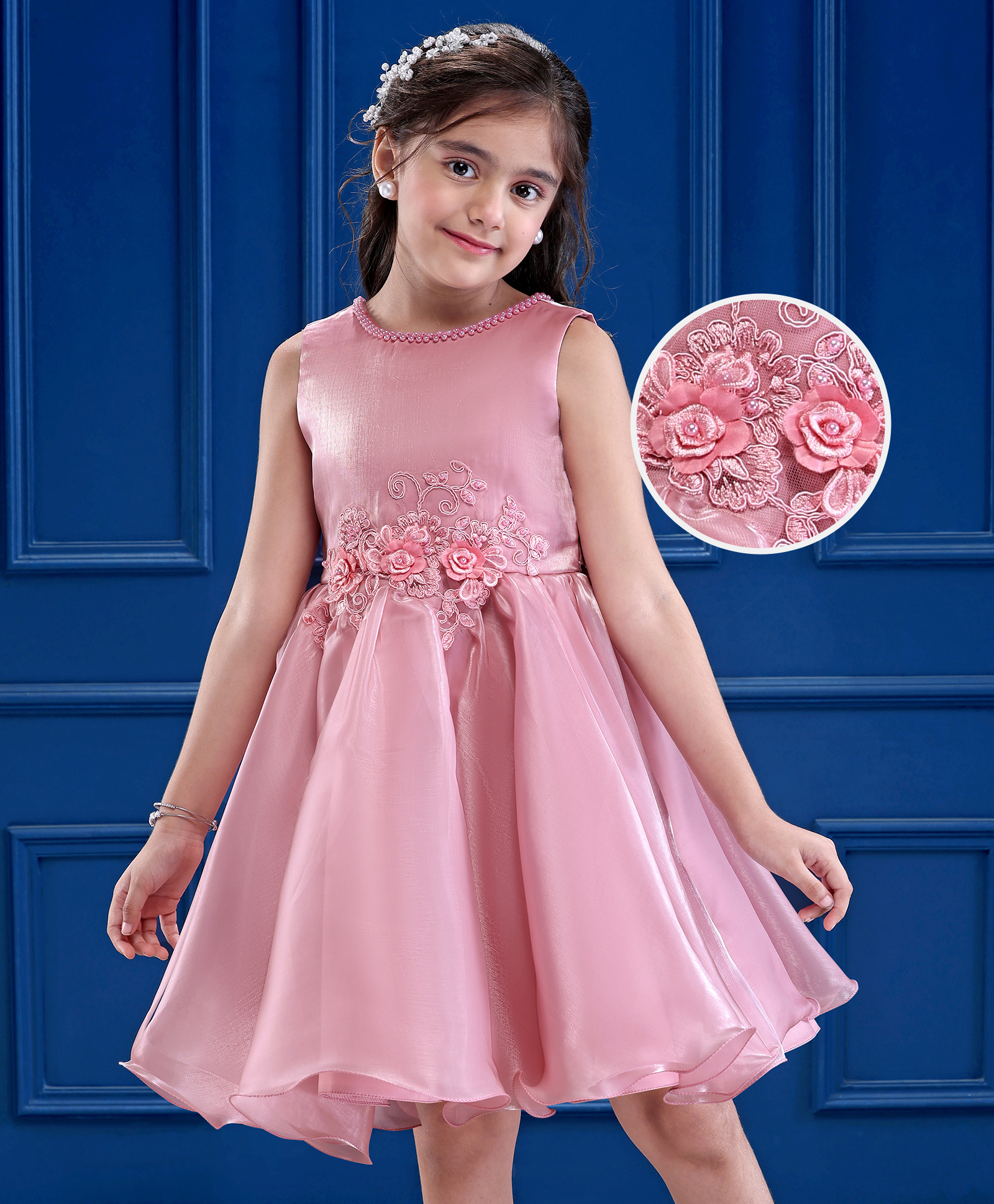 Mark & Mia Woven Sleeveless Party Dress With Floral Embroidery & Pearl Detailing - Pink-picture-13