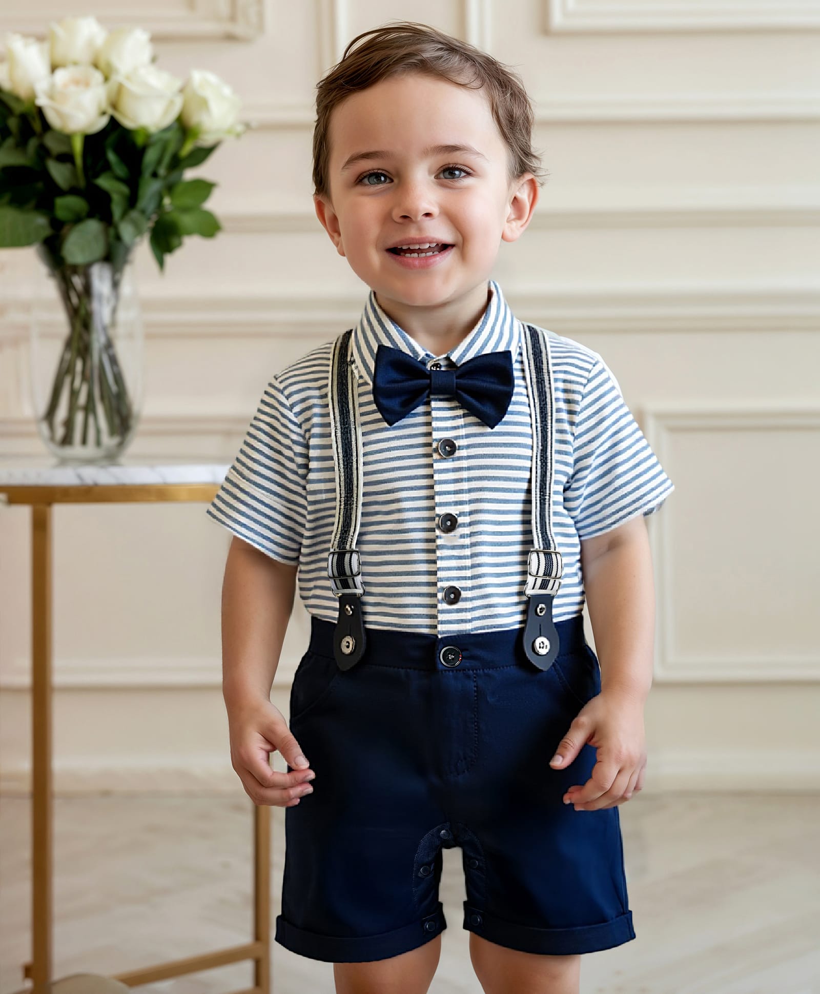 Mark & Mia Cotton Woven Half Sleeves Party Romper with Bow & Suspender with Stripes - Navy Blue-picture-25