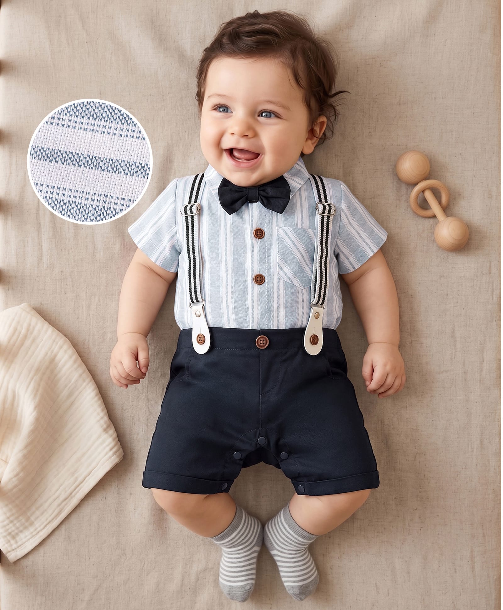 Mark & Mia Woven Half Sleeves Striped Party Romper With Bow & Suspender - Navy Blue-picture-19