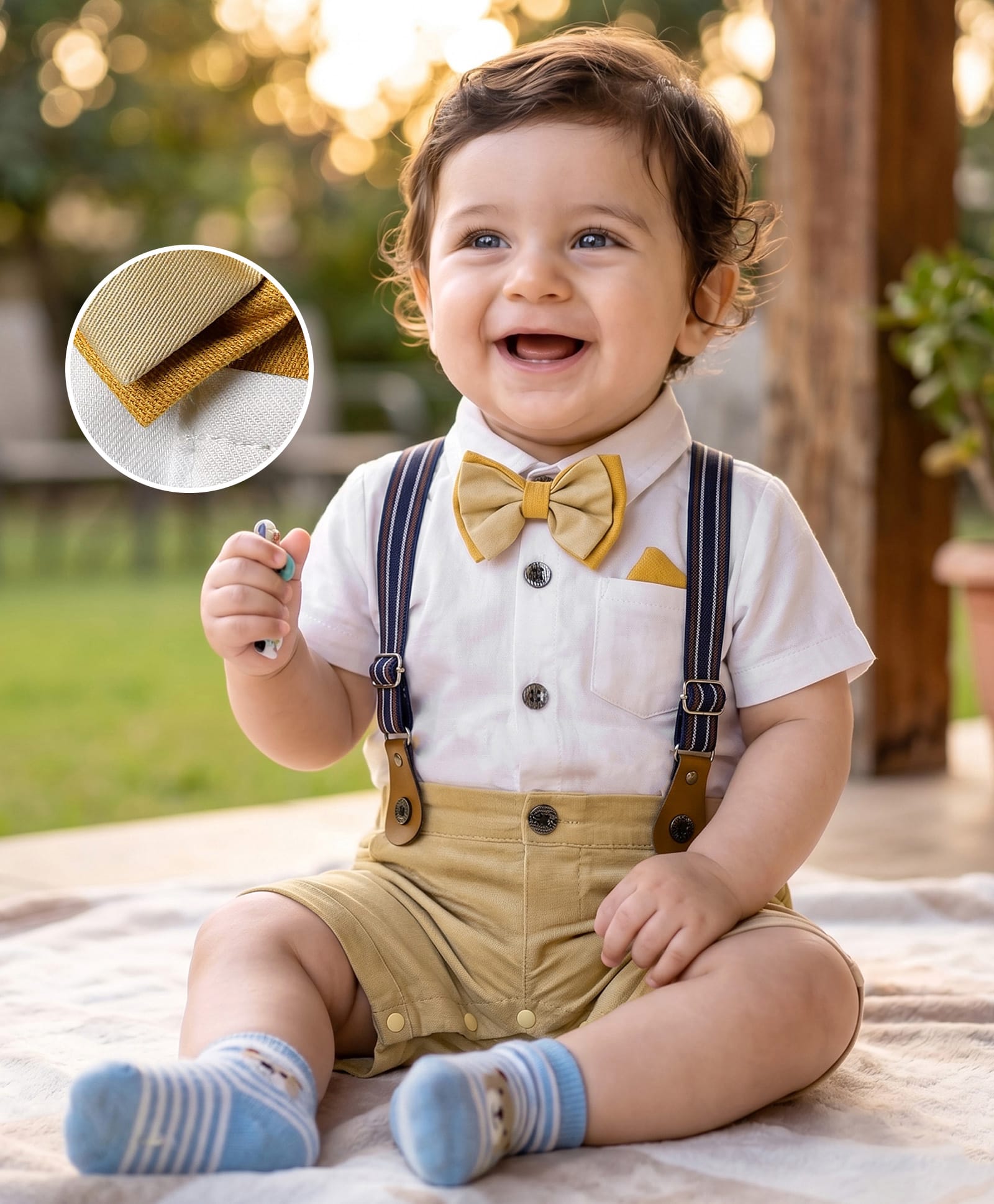Mark & Mia Woven Half Sleeves Solid Party Romper With Bow & Suspender - Khaki & White-image-37