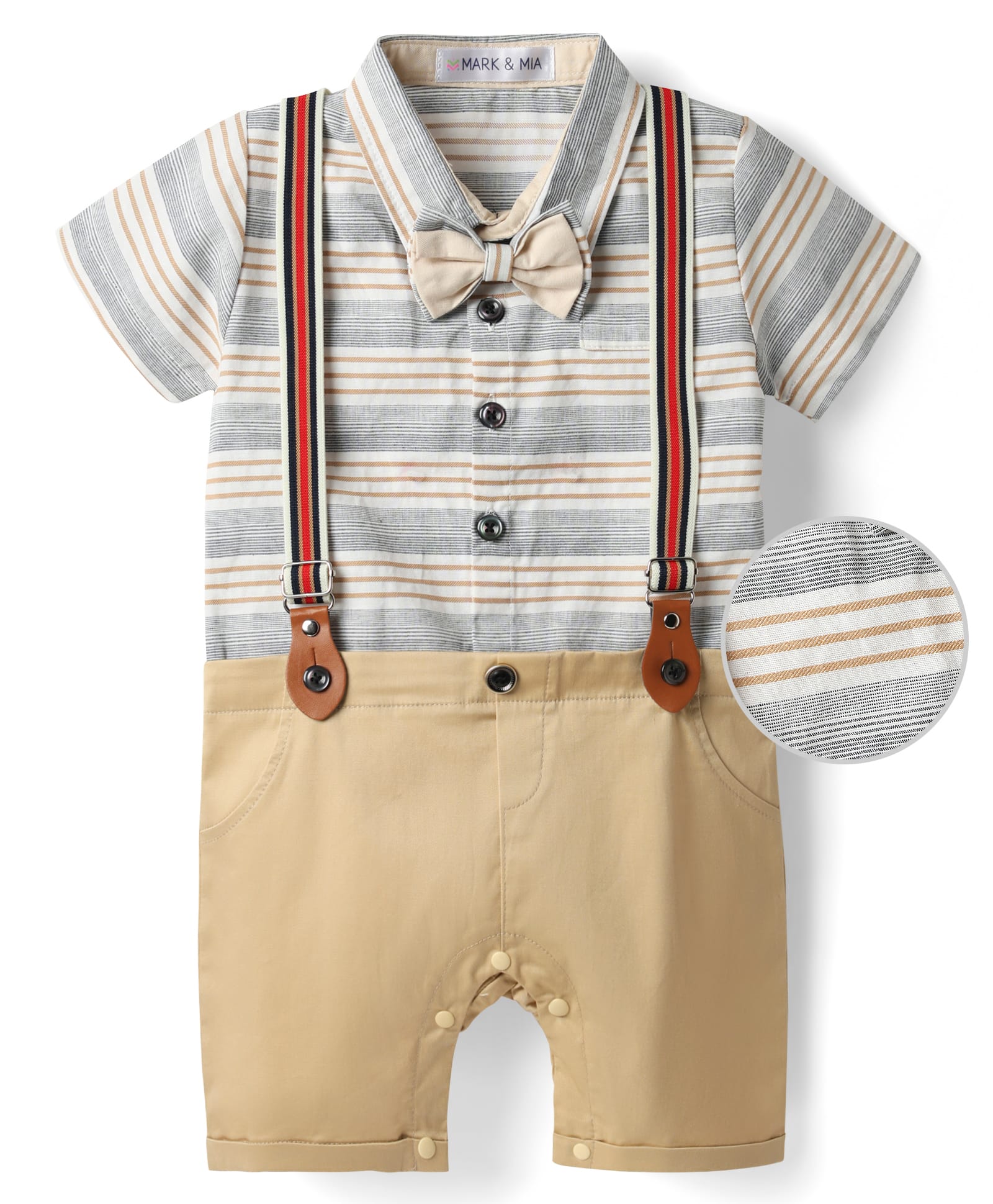 Mark & Mia Woven Half Sleeves Striped Party Romper With Bow & Suspender - Khaki-picture-18