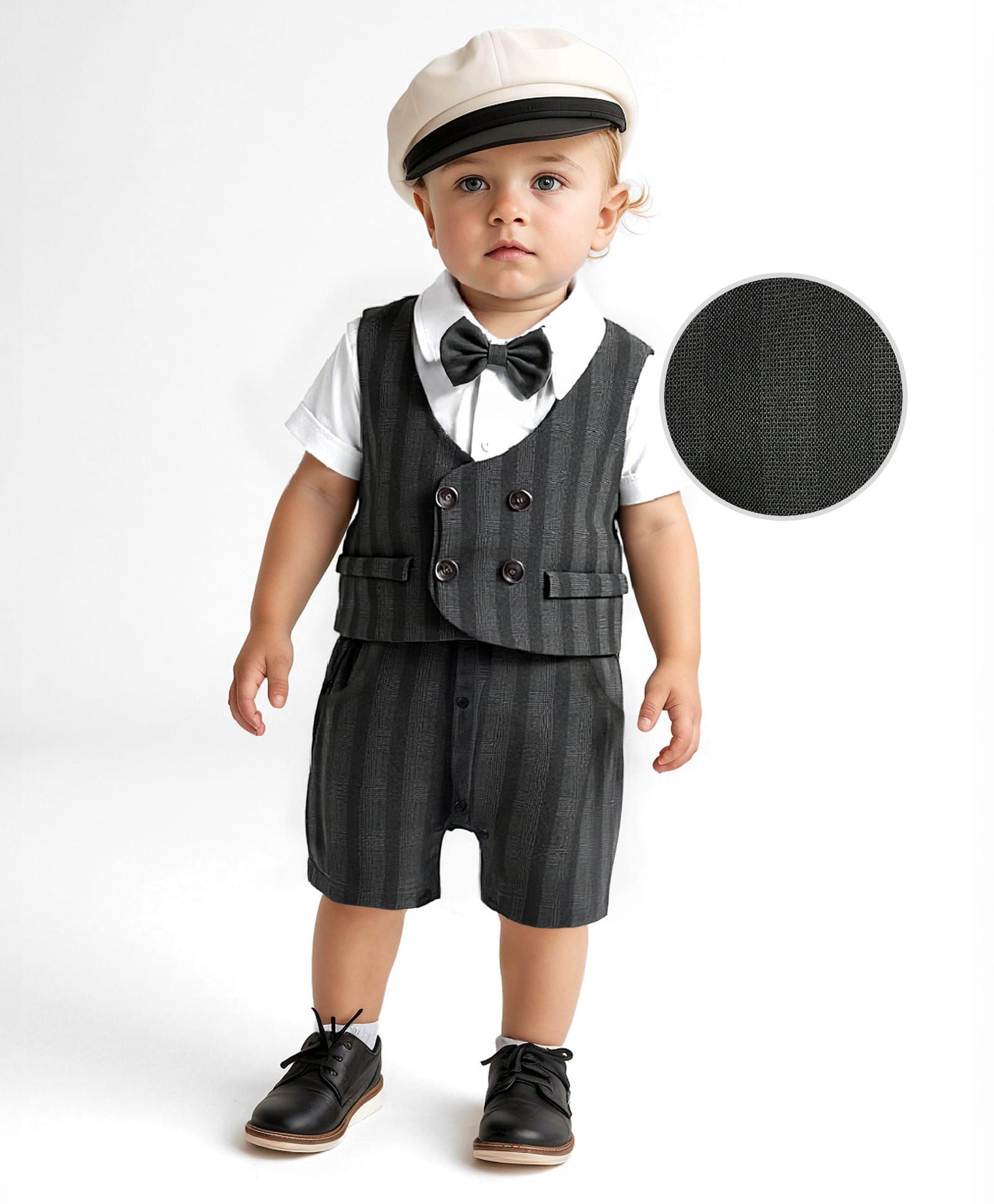 Mark & Mia Woven Half Sleeves Striped Party Romper With Attached Waistcoat & Bow - Black & White-picture-10