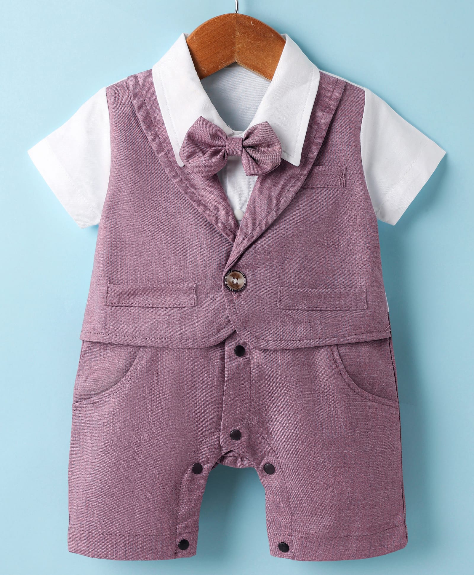 Mark & Mia Woven Half Sleeves Solid Party Romper With Attached Waistcoat & Bow - Purple-image-47