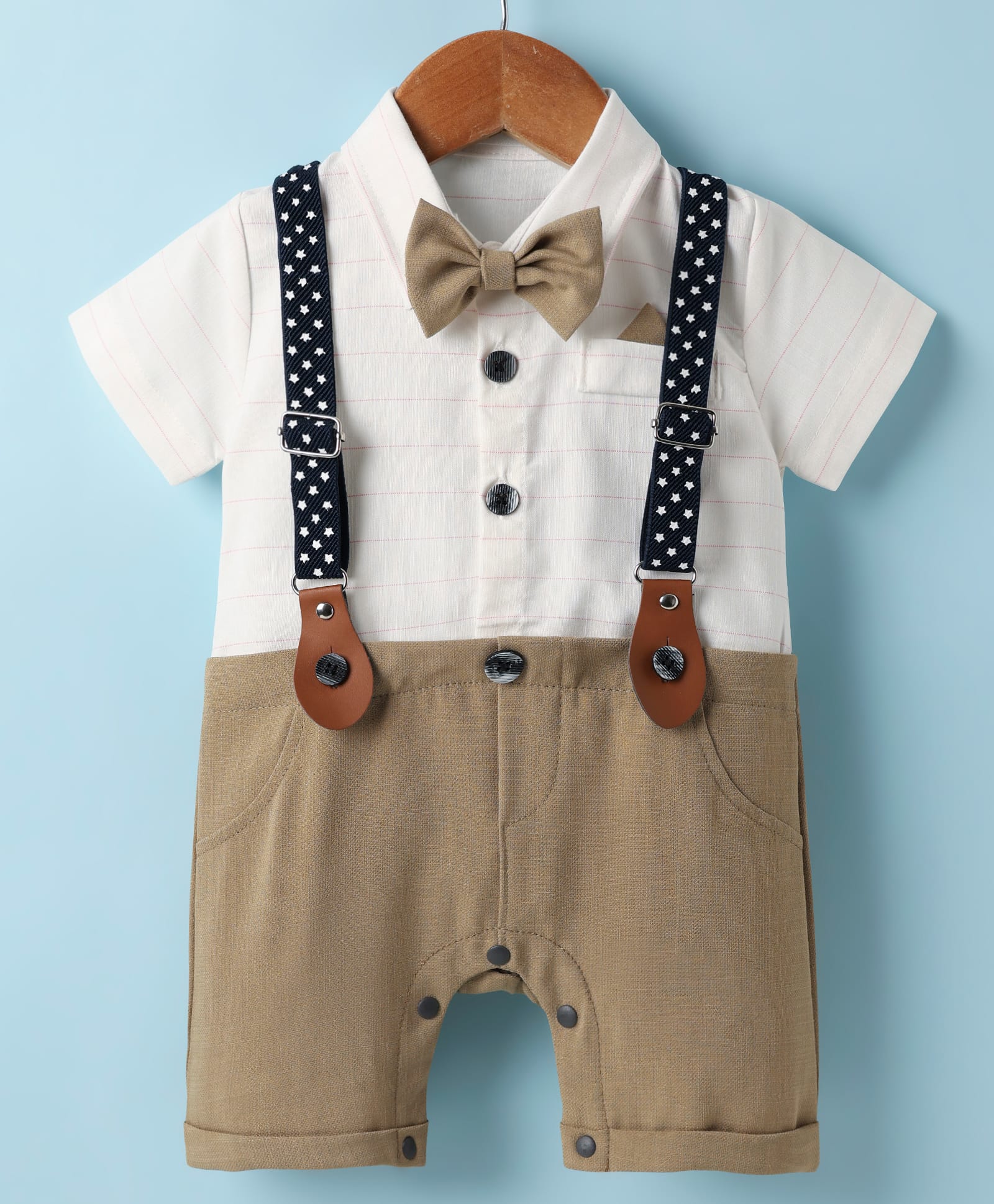 Mark & Mia Woven Half Sleeves Solid Party Romper With Bow & Suspender - White-image-31
