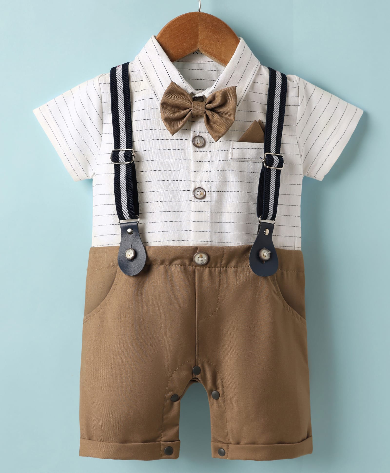Mark & Mia Woven Half Sleeves Striped Party Romper With Bow & Suspender - White-image-41