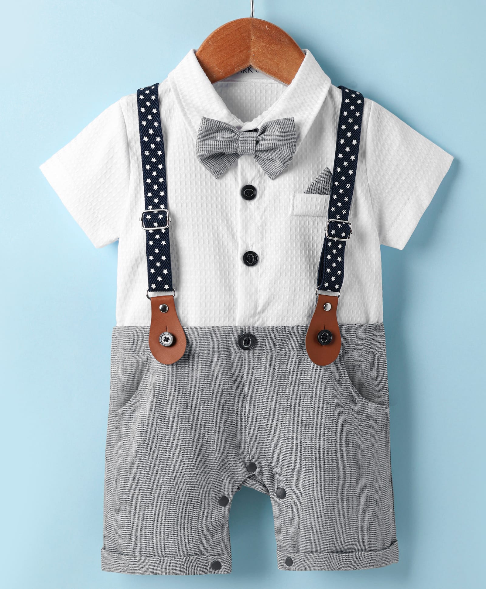 Mark & Mia Woven Half Sleeves Solid Party Romper With Bow & Suspender - White-image-46