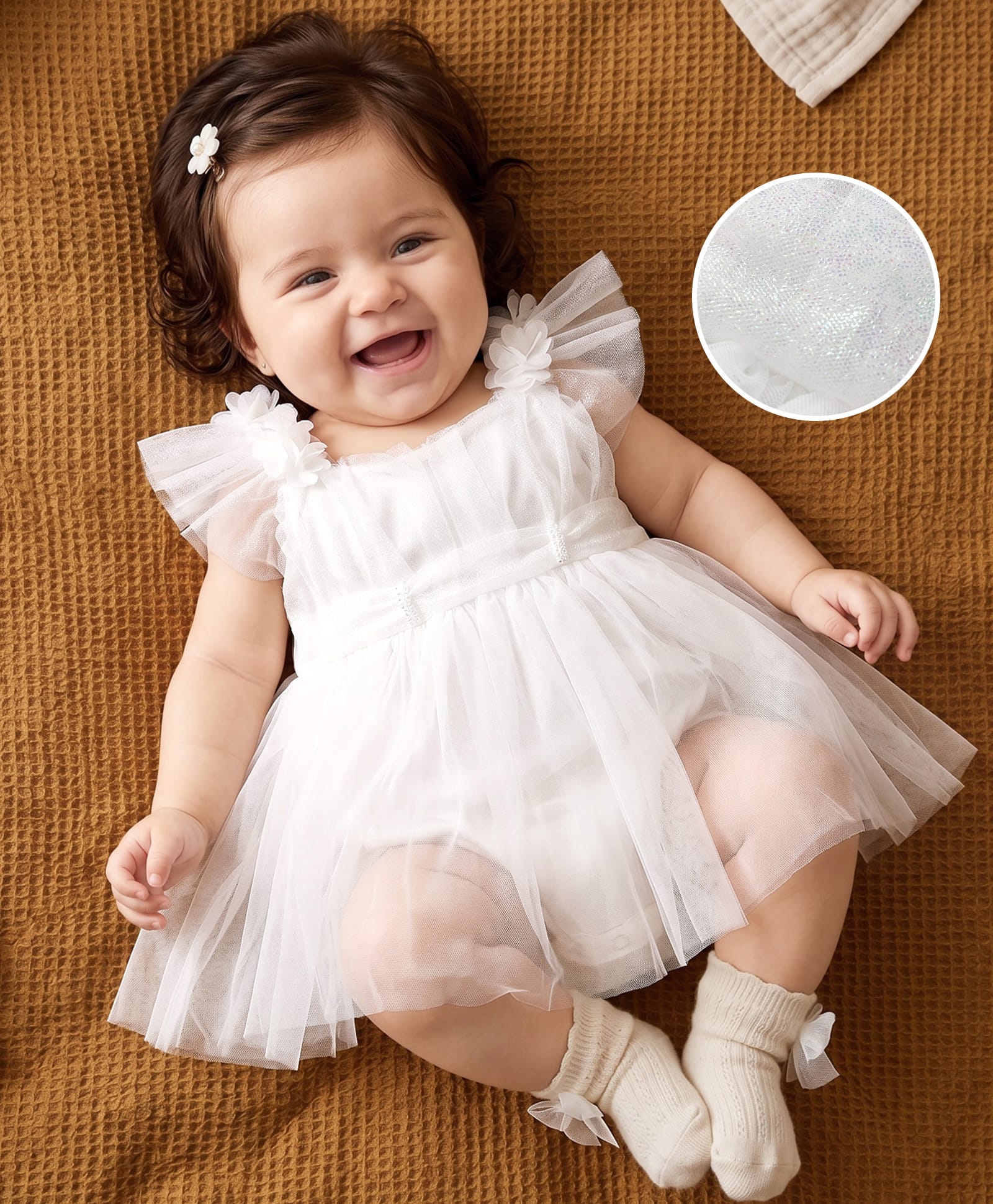 Mark & Mia Woven Frill Sleeves Solid Party Frock Style Onesie With Floral Applique - Cream-picture-38