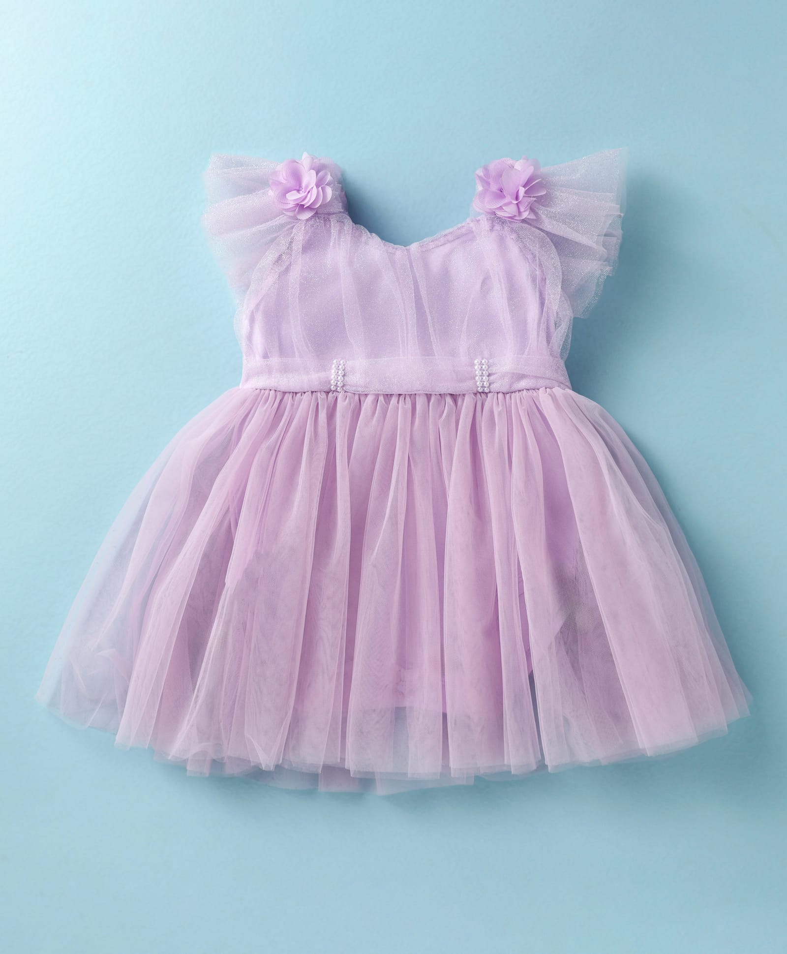 Mark & Mia Woven Frill Sleeves Solid Party Frock Style Onesie With Floral Applique - Purple-picture-37