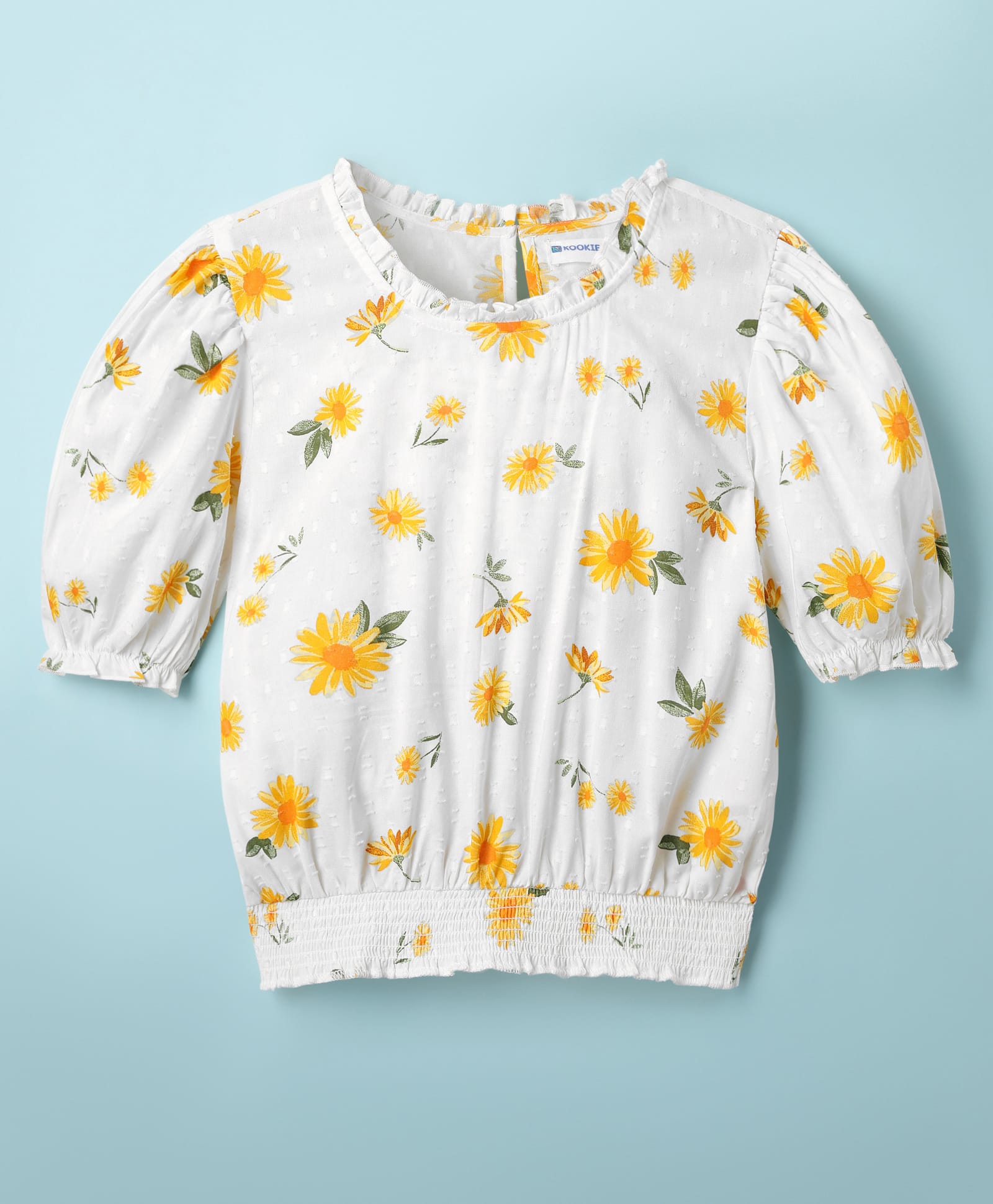kookie kids india Kookie Kids Cotton Woven Half Sleeves Top With Floral Print & Frill Detailing - White & Yellow-picture-26