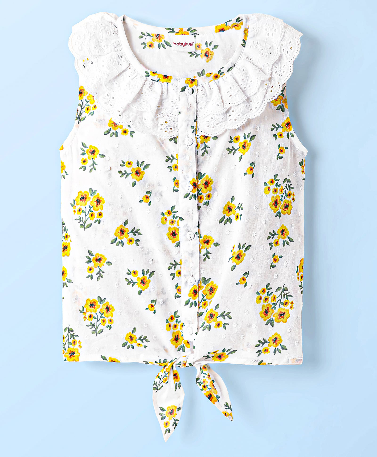 Babyhug Swiss Dobby Woven Frill Sleeves Floral Printed Knotted Top with Chifilli Detailing - White