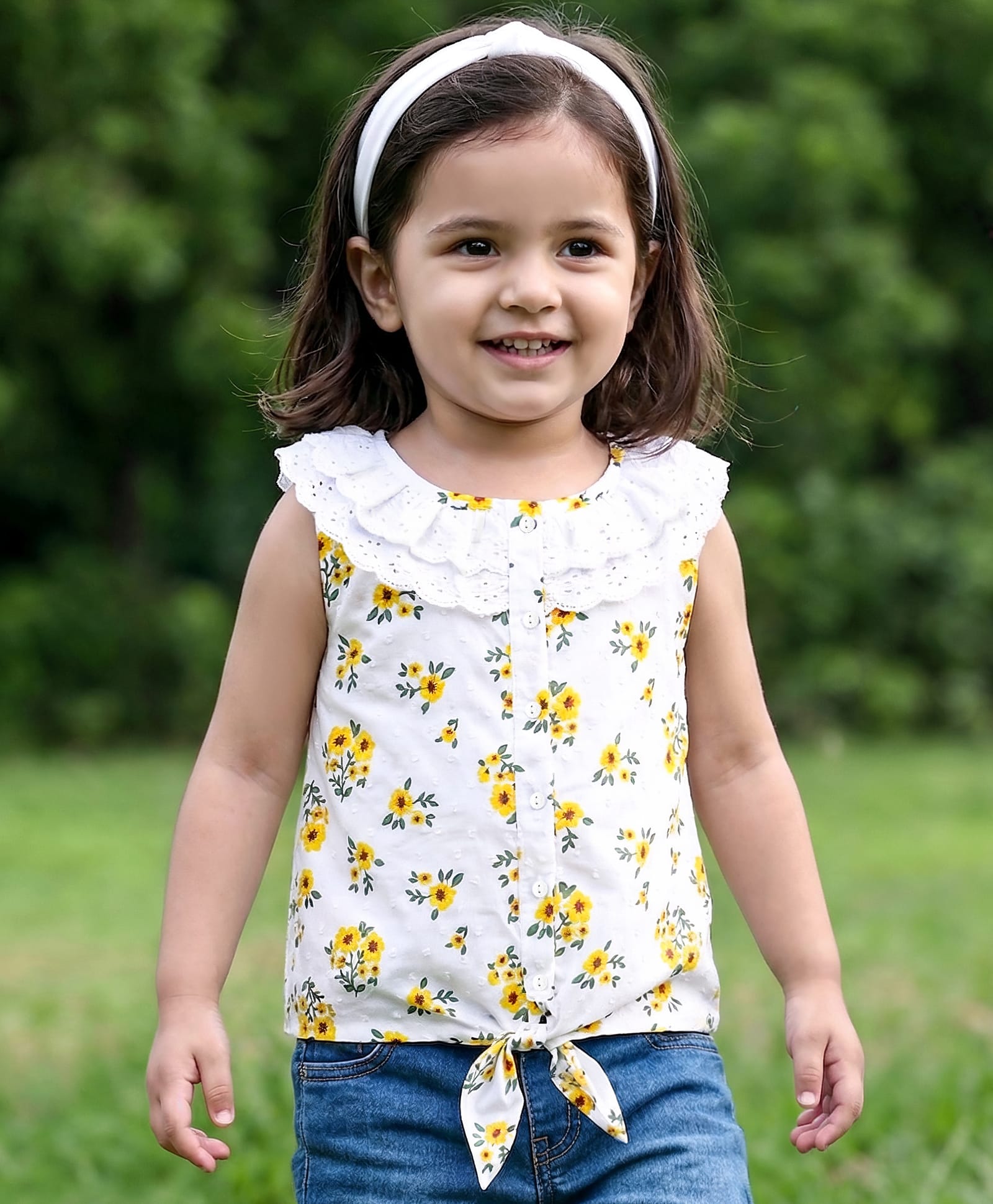 Babyhug Swiss Dobby Woven Frill Sleeves Floral Printed Knotted Top with Chifilli Detailing - White-image-3