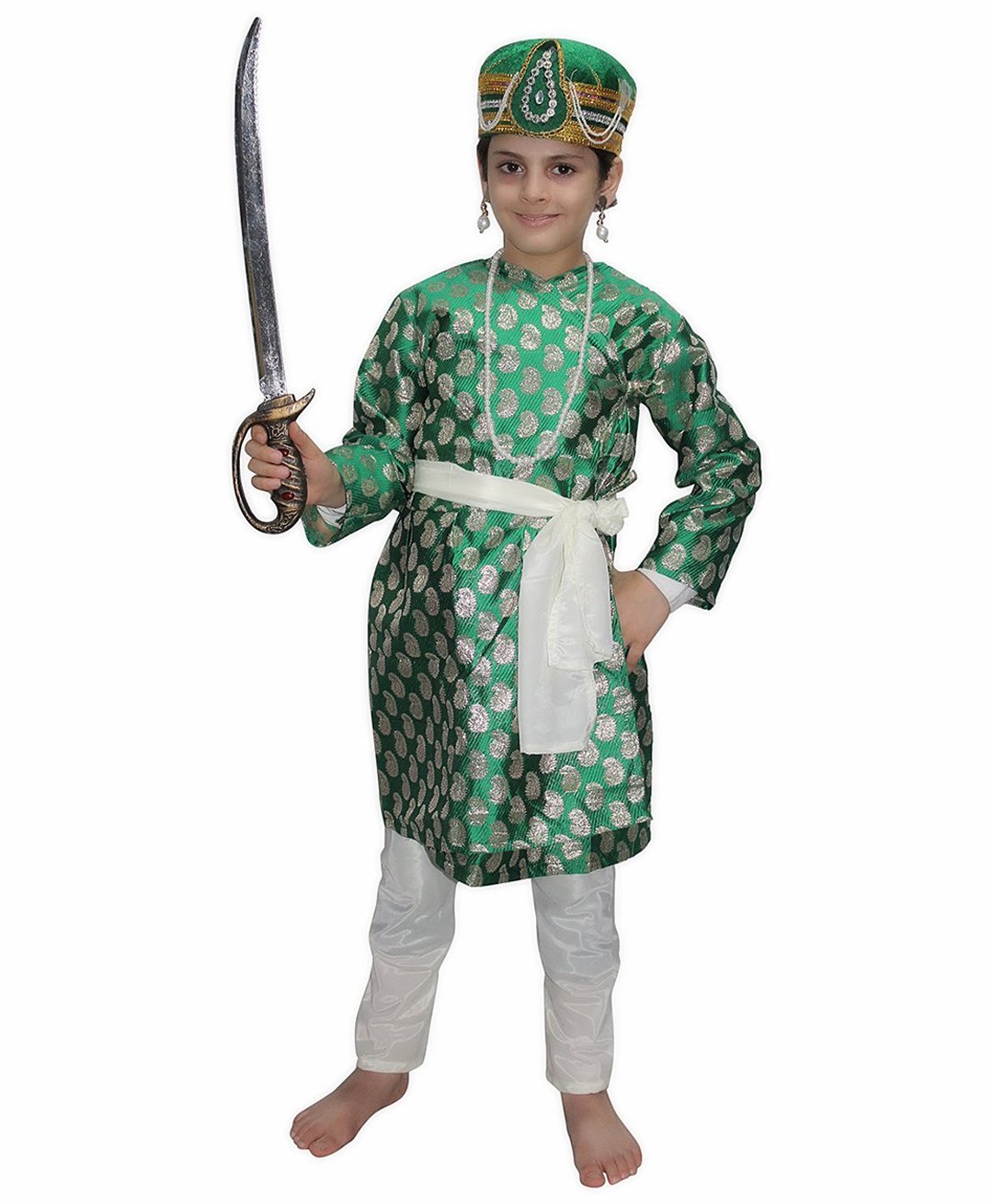 Kaku Fancy Dresses Full Sleeves Mughal King Akbar Costume Set - Green-picture-13