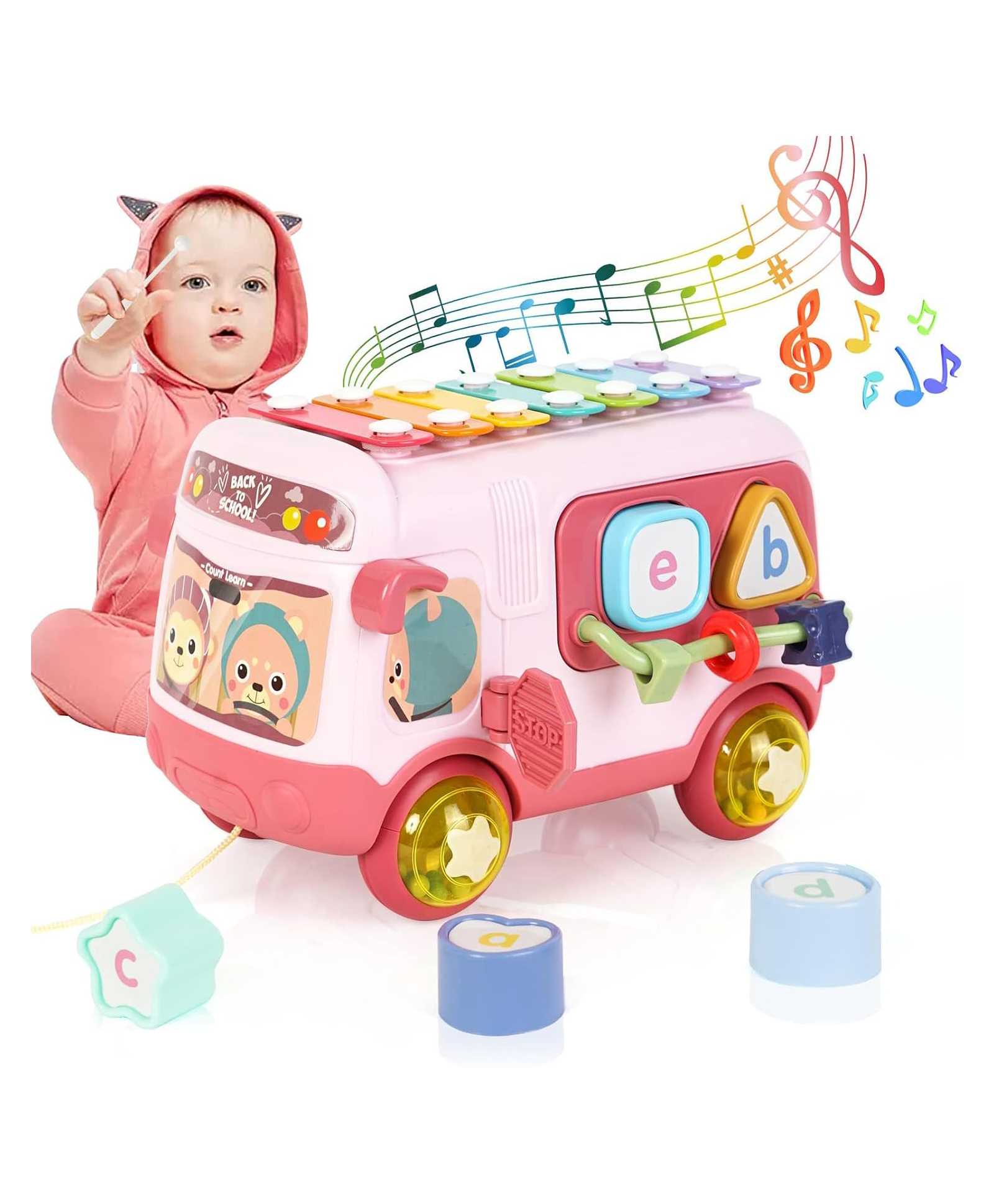 HAPPY HUES Baby Musical Bus Toy with Xylophone - Activity & Early Educational Toys for Babies & Toddlers- Pink-image-35