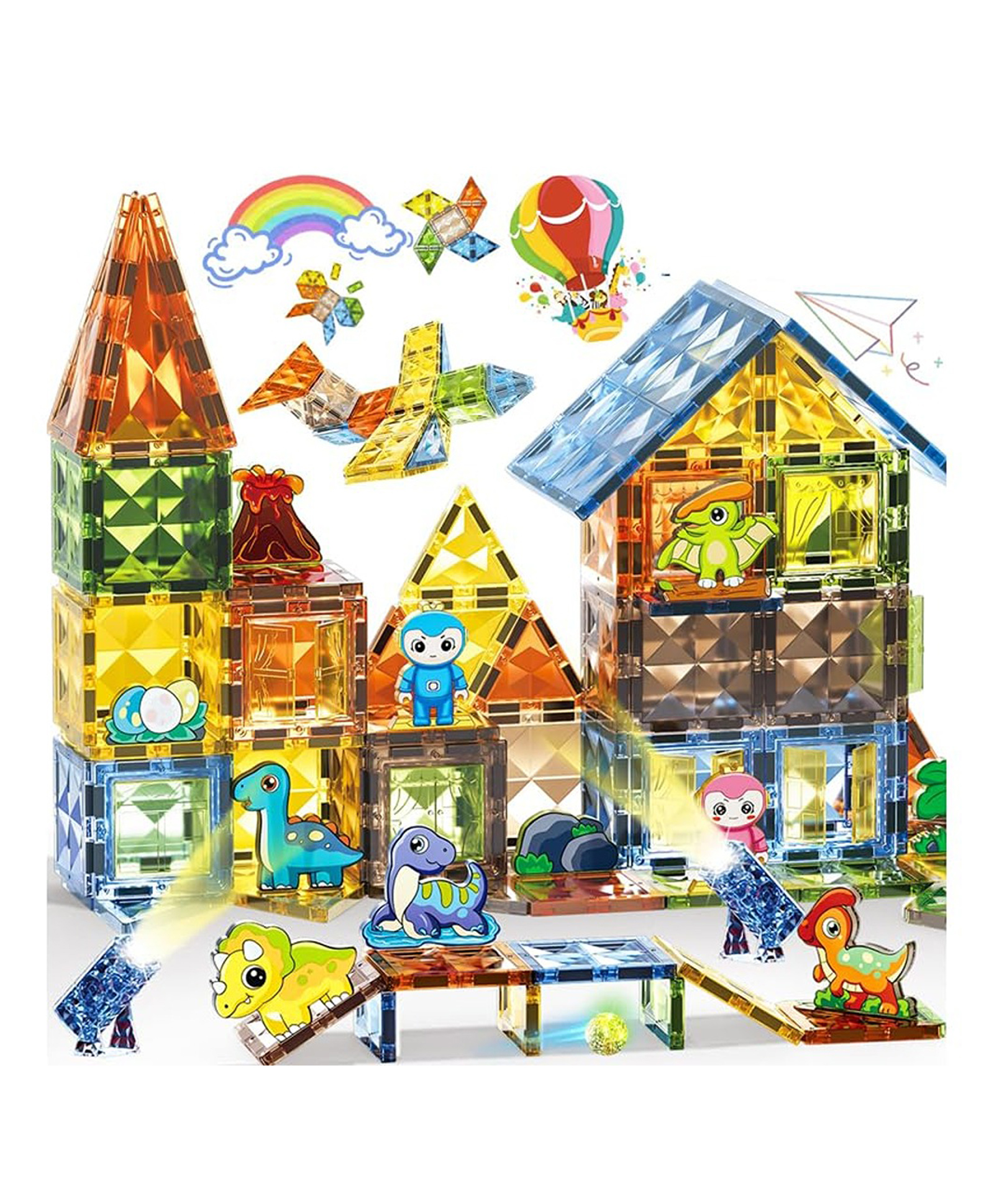 HAPPY HUES Dinosaur Light Diamond Magnetic Block Tilesset-Gift for Boys & Girls- Dinosaur Theme-98 Pcs-picture-16