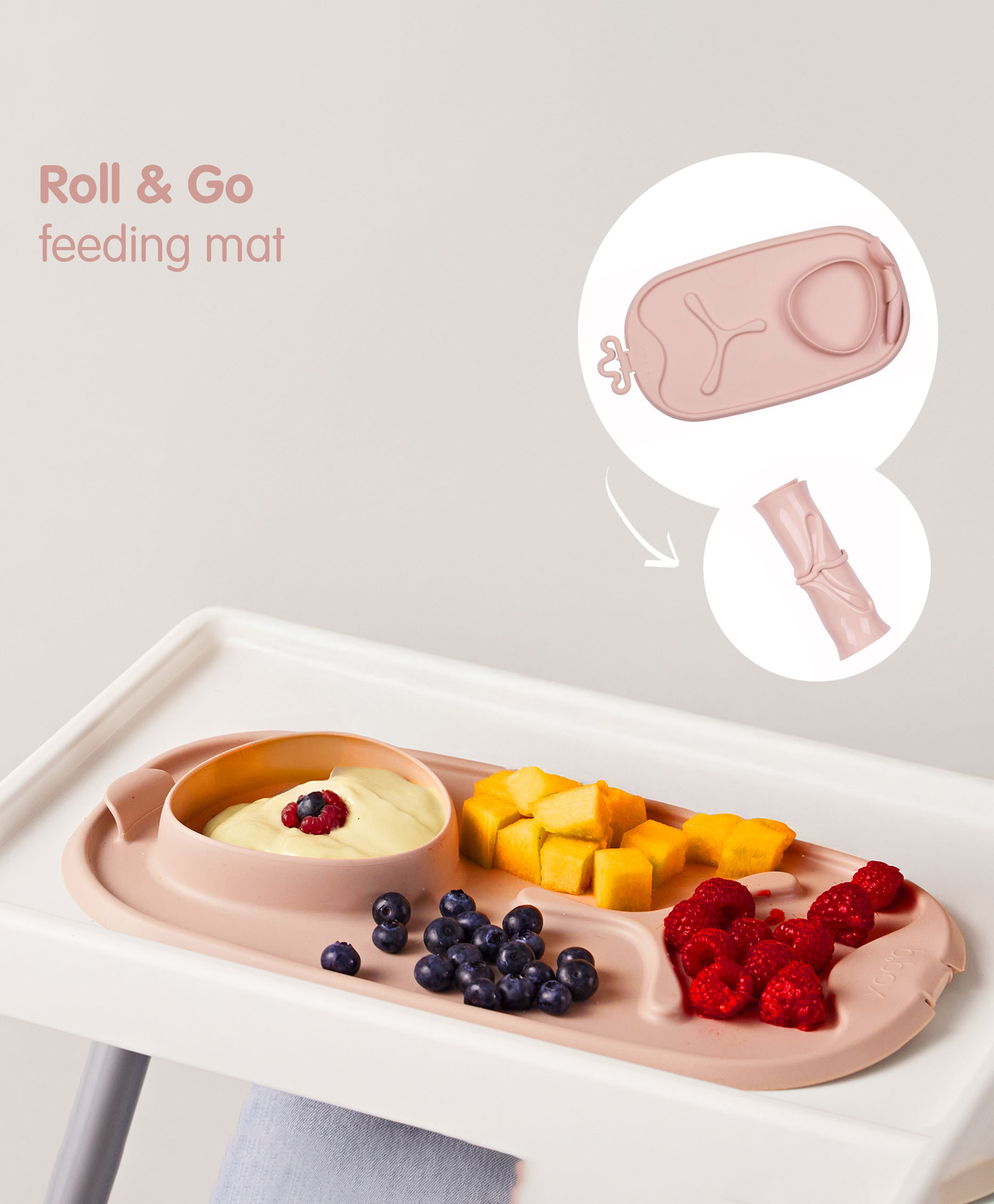 b.box Roll + Go Mealtime Silicone Mat - TravelFriendly Plate with spoon - Non-Slip, Easy-Clean - Blush Pink-picture-42