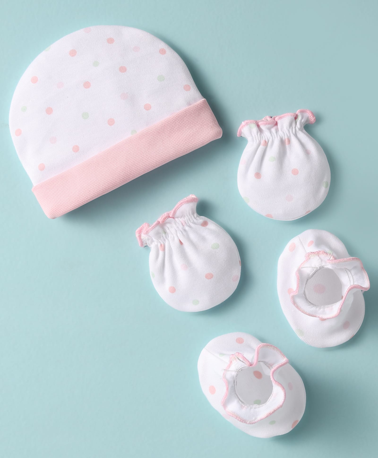 Ben Benny 100% Cotton Knit Cap Mittens & Booties Set With Polka Dots Print Pink & White - Diameter 9 cm-picture-11