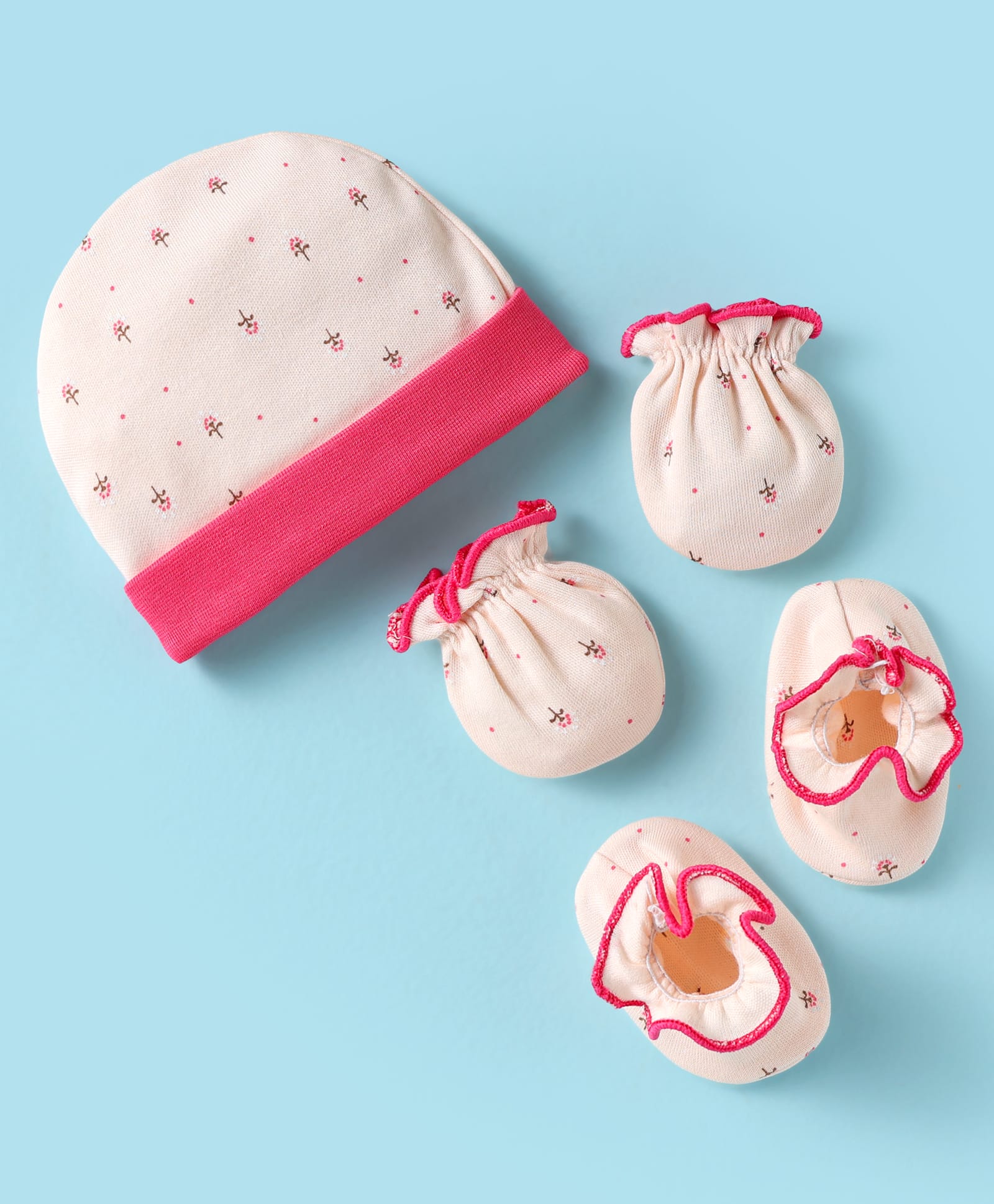 Ben Benny 100% Cotton Knit Cap Mittens & Booties Set With Floral Print Pink - Diameter 9 cm-image-35