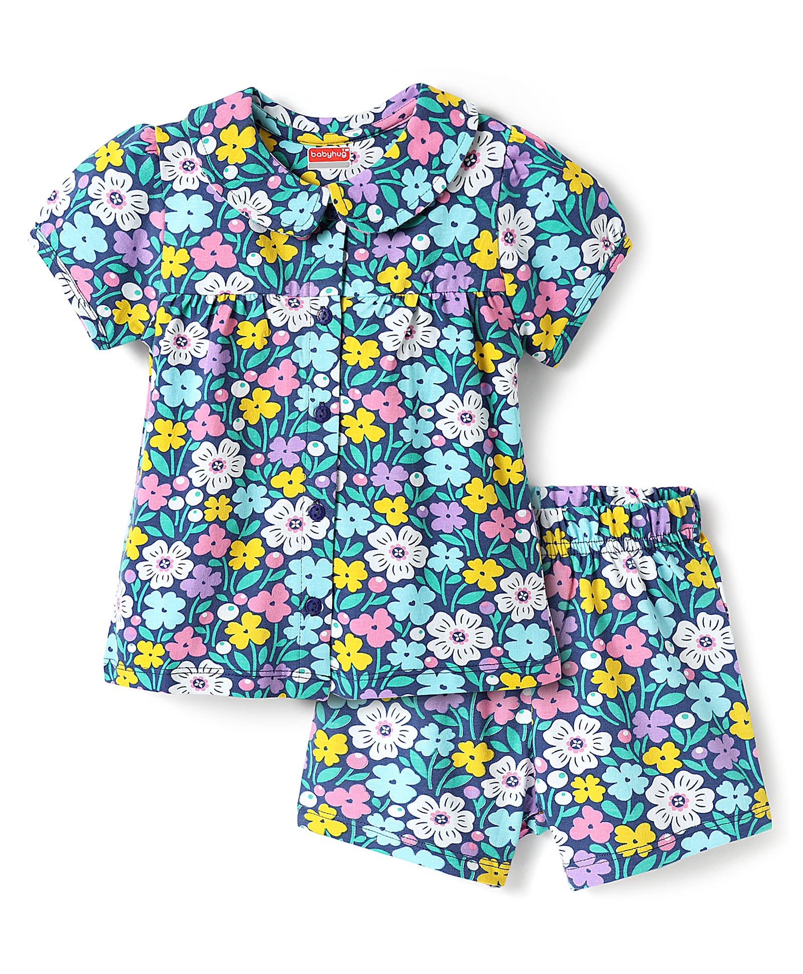 Babyhug Cotton Knit Half Sleeves Peter Pan Collar Shorts Night Suit with Floral Print - Navy Blue-picture-22