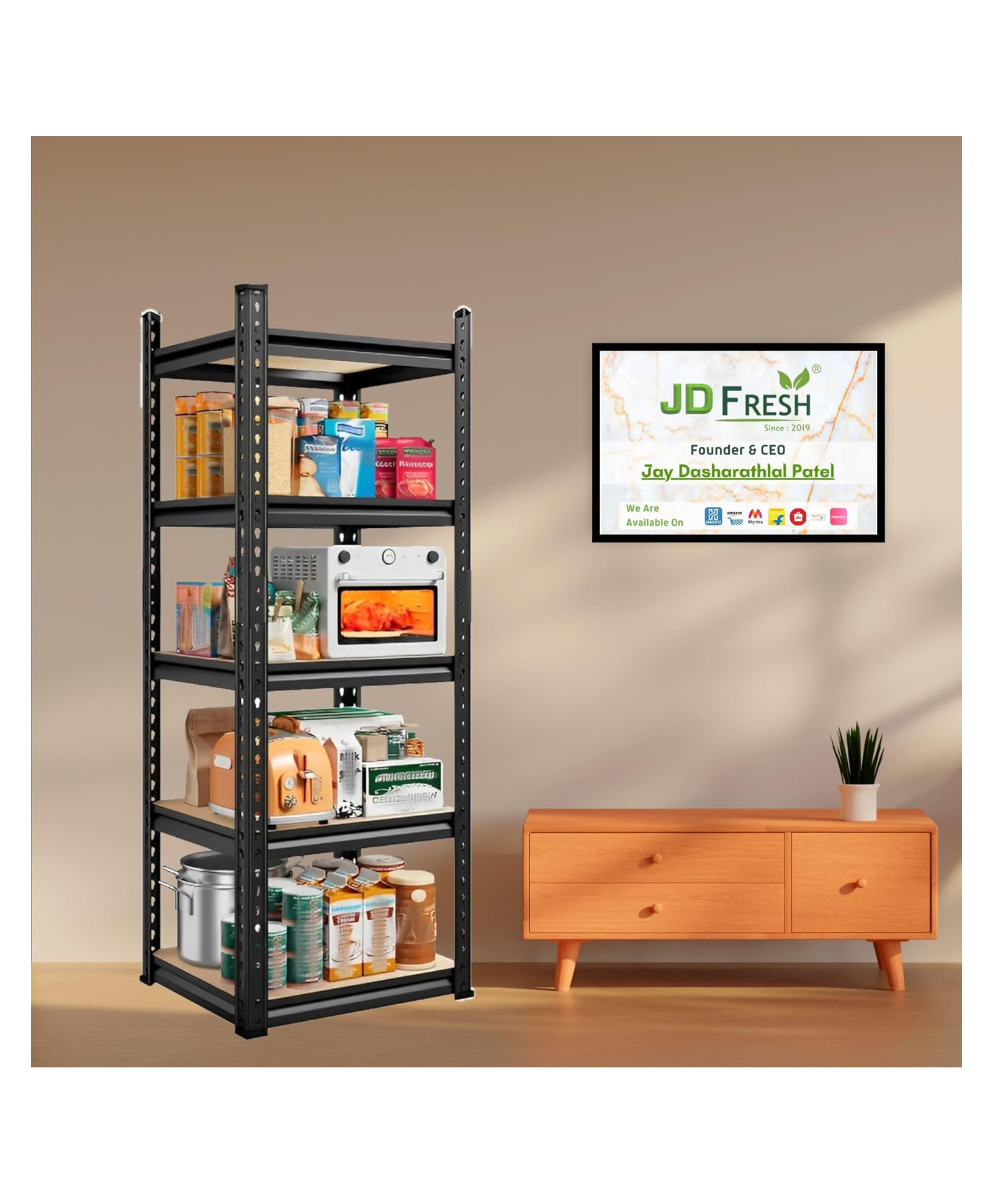 JD FRESH Adjustable 4 Tier Metal Boltless Rack for Storage - Black-image-28