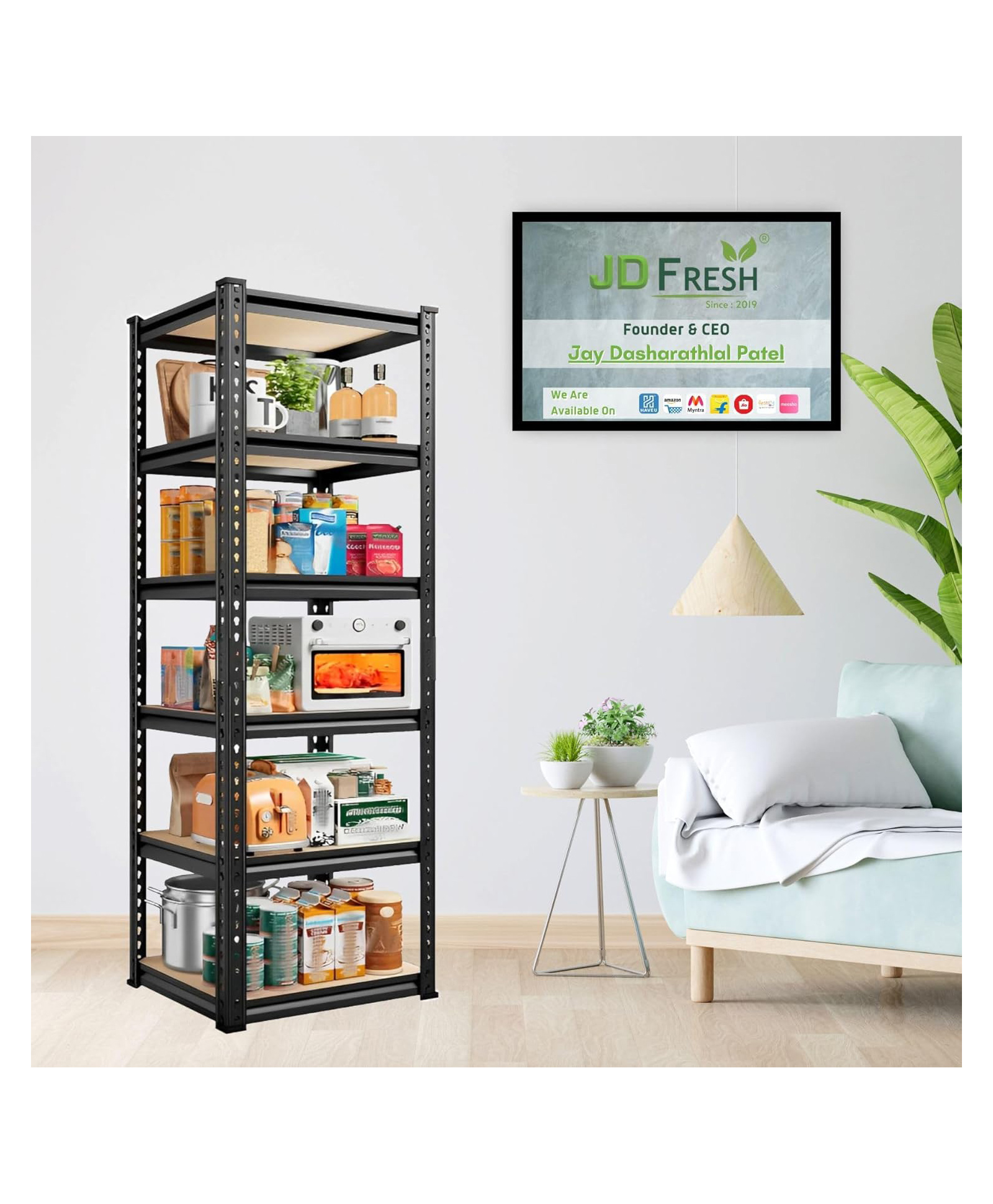 JD FRESH Adjustable 5 Tier Metal Boltless Rack for Storage - Black-image-11