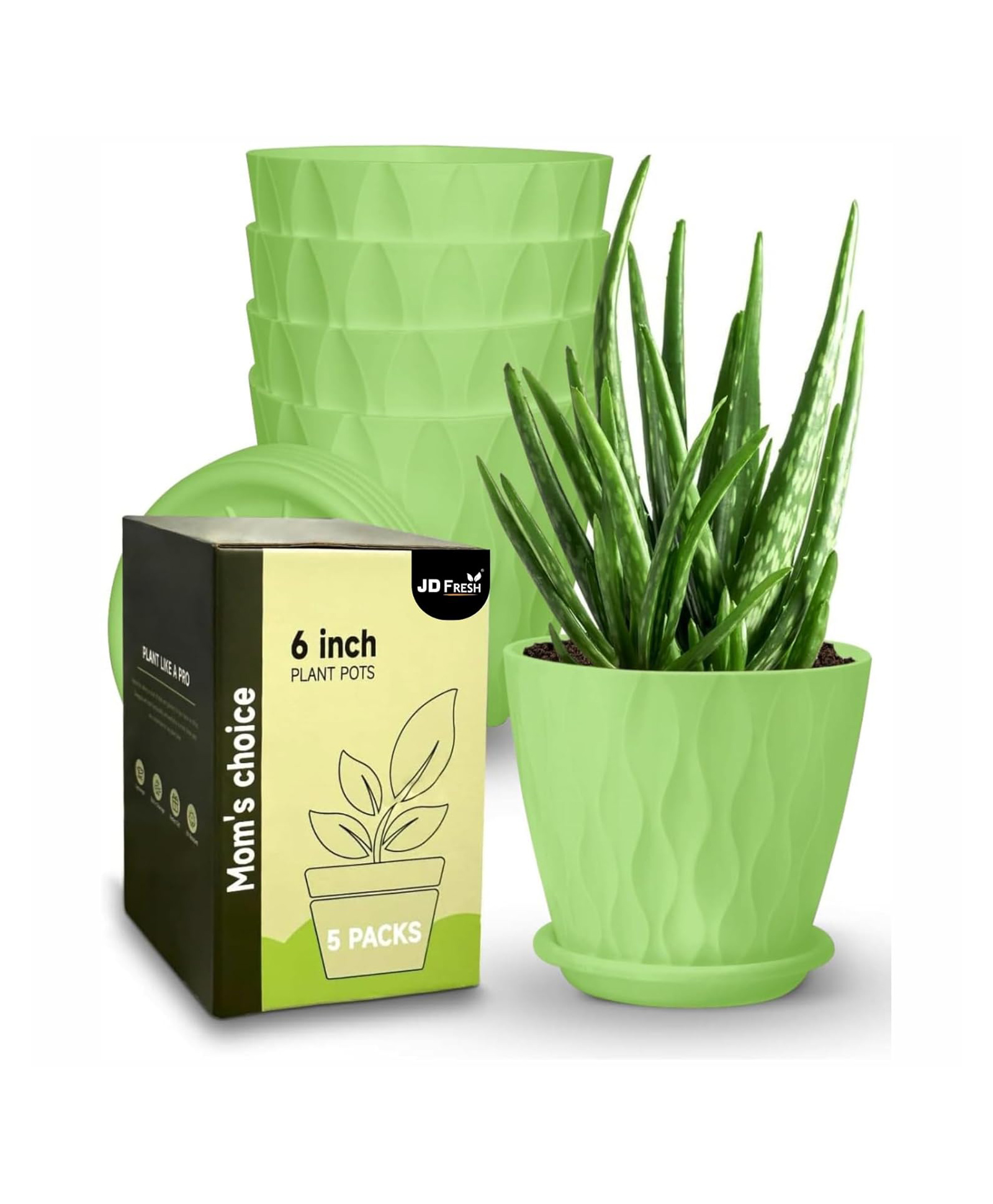 JD FRESH Set of 5 Plastic Wave Flower Pots for Home Planters - Green-image-25