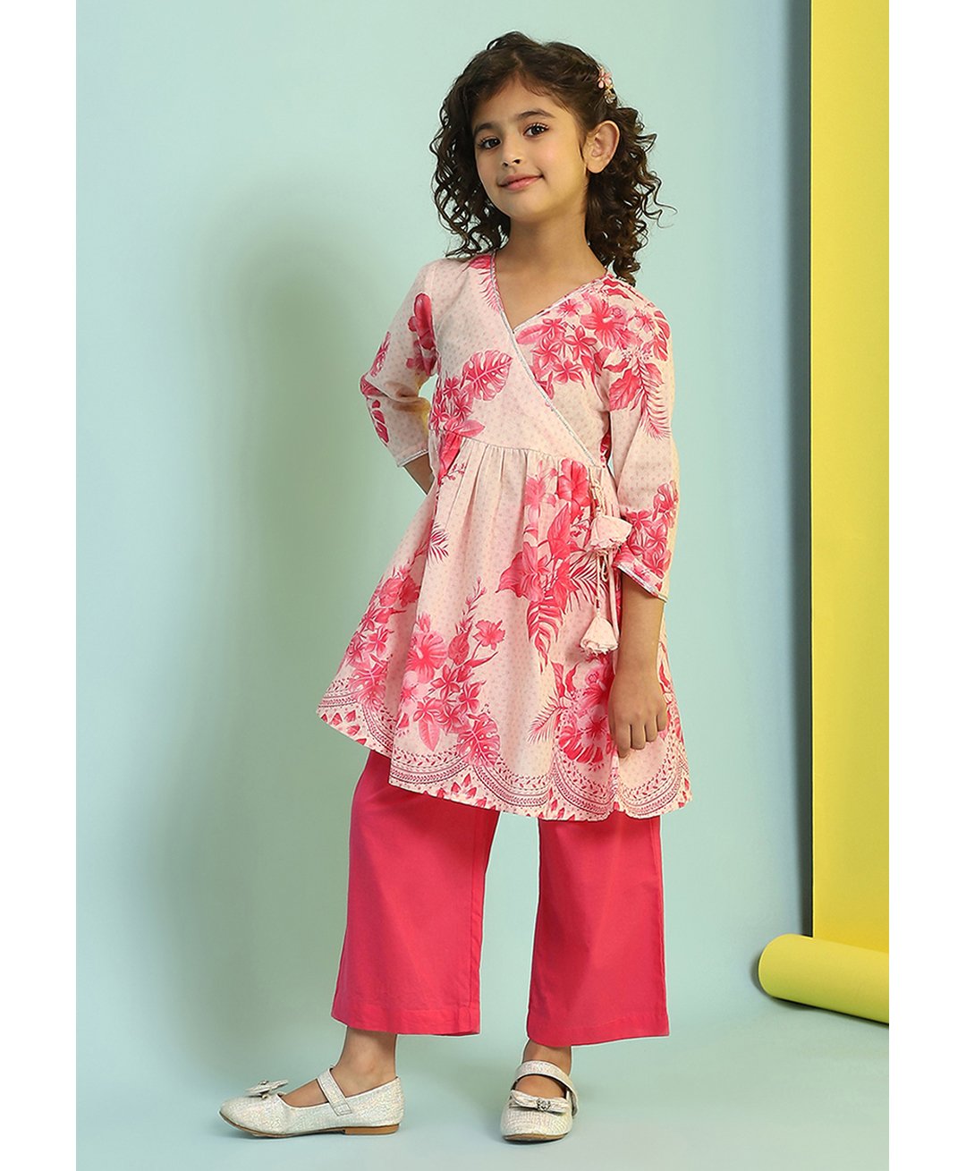 BIBA Cotton Three Fourth Sleeves Floral Printed Kurta With Solid Pant Set - Cream-picture-15