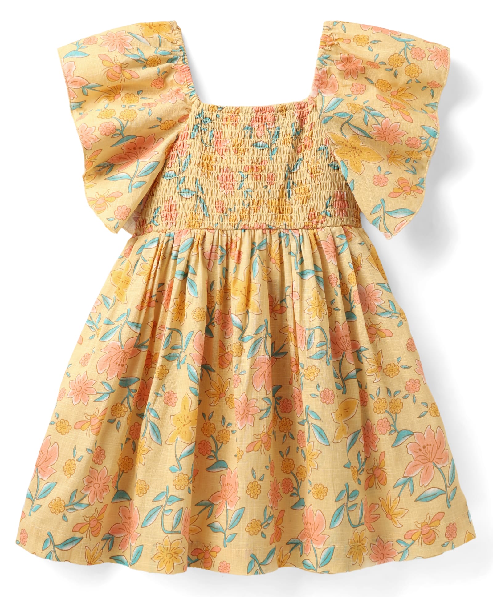 kookie kids india Kookie Kids Woven Half Frill Sleeves Smocked Peplum Style Frock with Floral Print - Yellow-picture-25