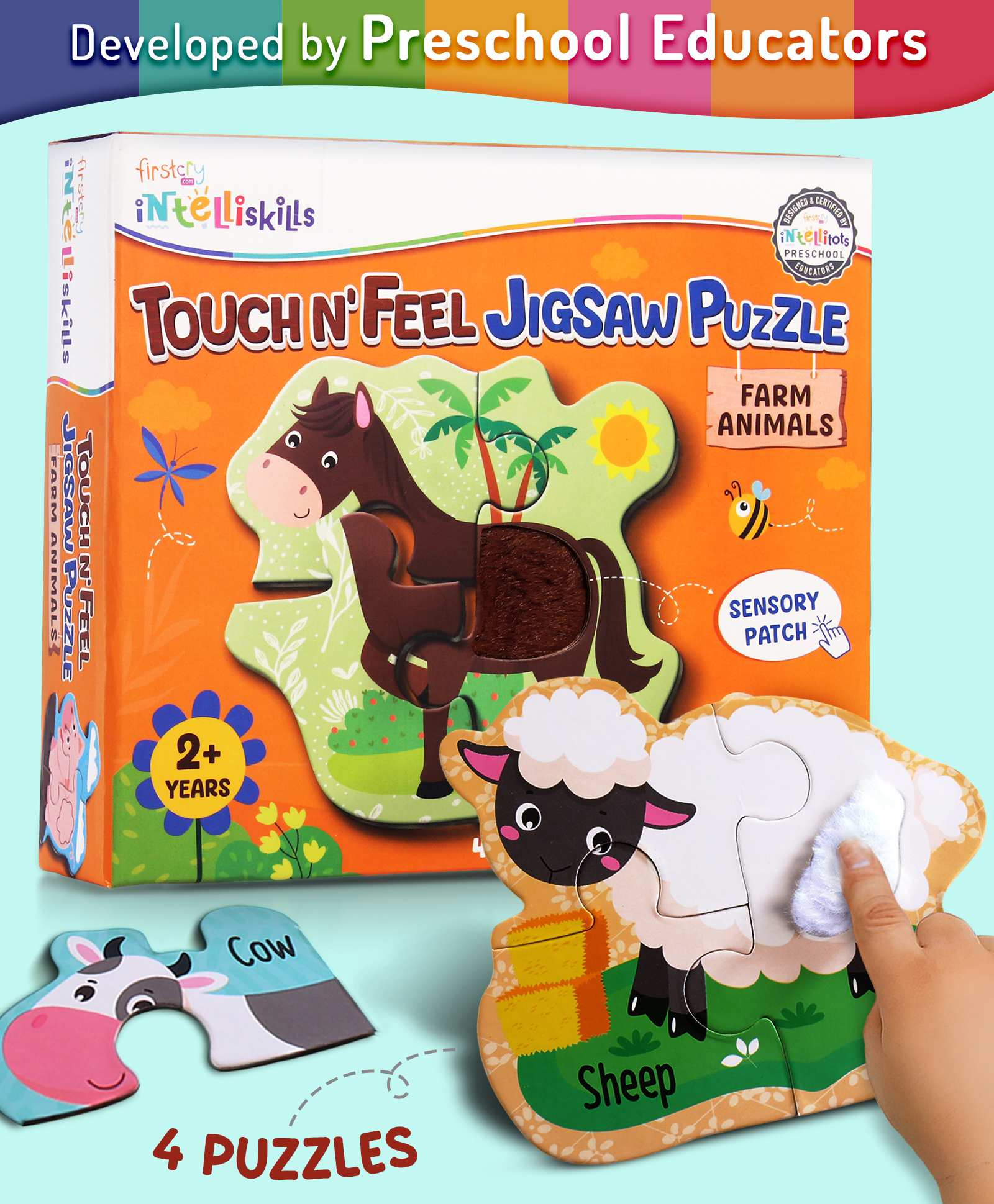 Intelliskills Touch N Feel Jigsaw Puzzle - Farm Animals |Multi-Texture Pieces for Sensory Development |Develops Animal Recognition & Tactile Learning |For Gifting |BIS Certified |Educator Recommended