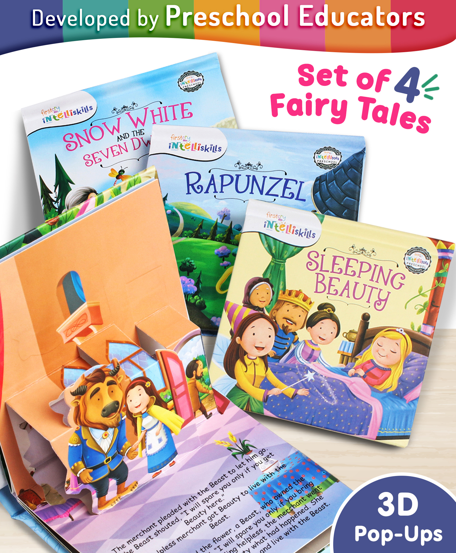 Intelliskills 3D Interactive Pop-Up Princesses Story Book Set of 4 | Rapunzel,Sleeping Beauty,Snow White & Seven Dwarfs,Beauty & the Beast | Boosts Vocabulary | BIS Certified | Educator Recommended