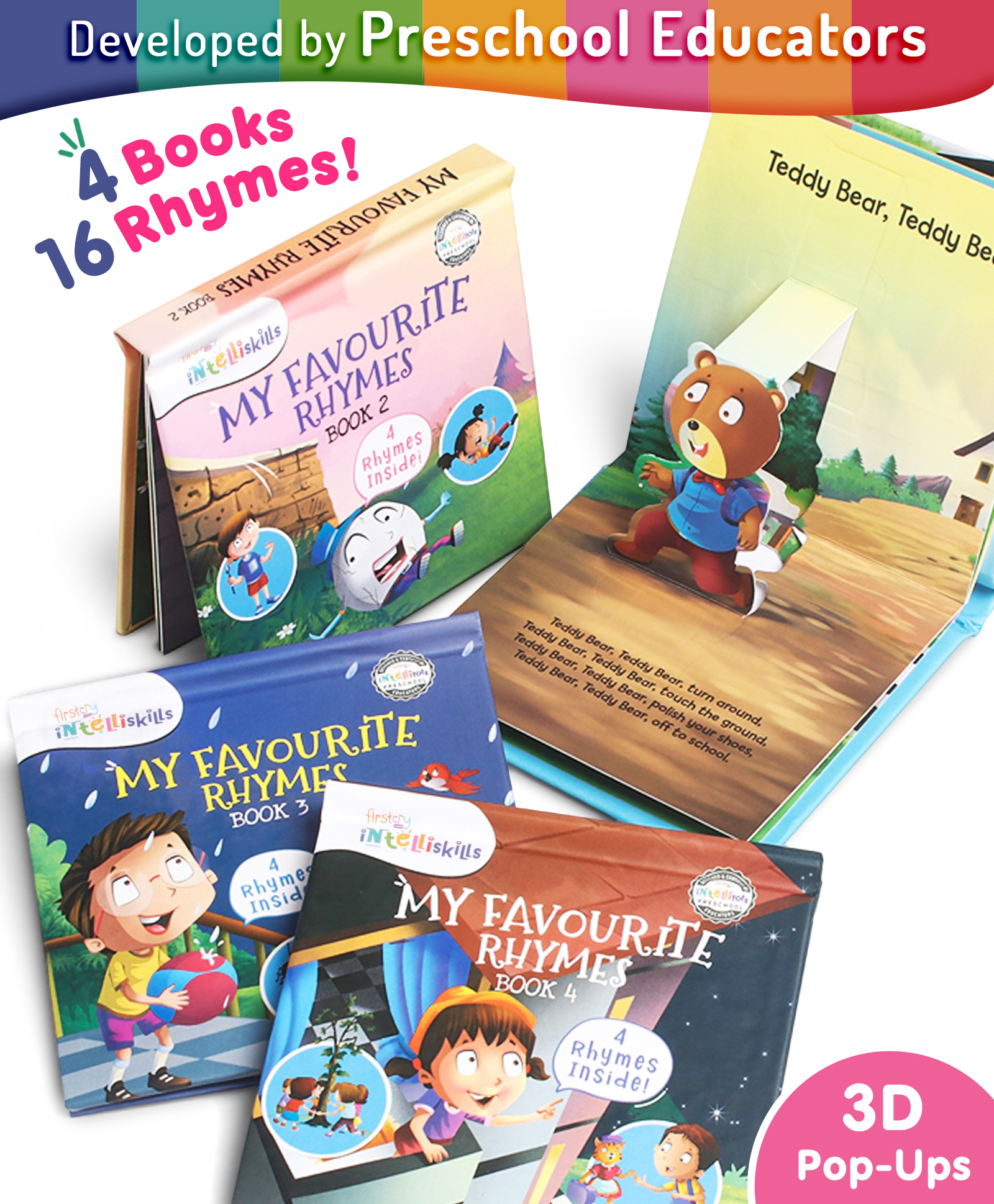 Intelliskills 3D Interactive Pop-Up Rhyme Time Book Set of 4 | 16 Classic Nursery Rhymes | Jack & Jill, Humpty Dumpty, Johnny Johnny & More | Boosts Vocabulary | BIS Certified | Educator Recommended