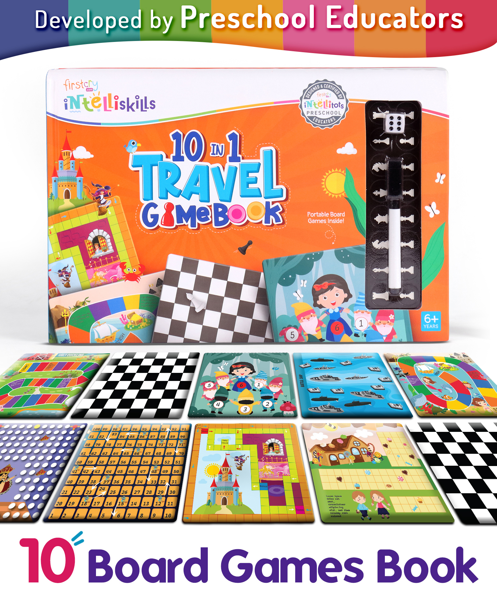 Intelliskills 10-in-1 Travel Game Board Book | Interactive Learning & Story Play | Chess, Aladdin, Snow White & Seven Dwarfs, Sleeping Beauty, Little Mermaid, Checkers & More |Portable |BIS Certified