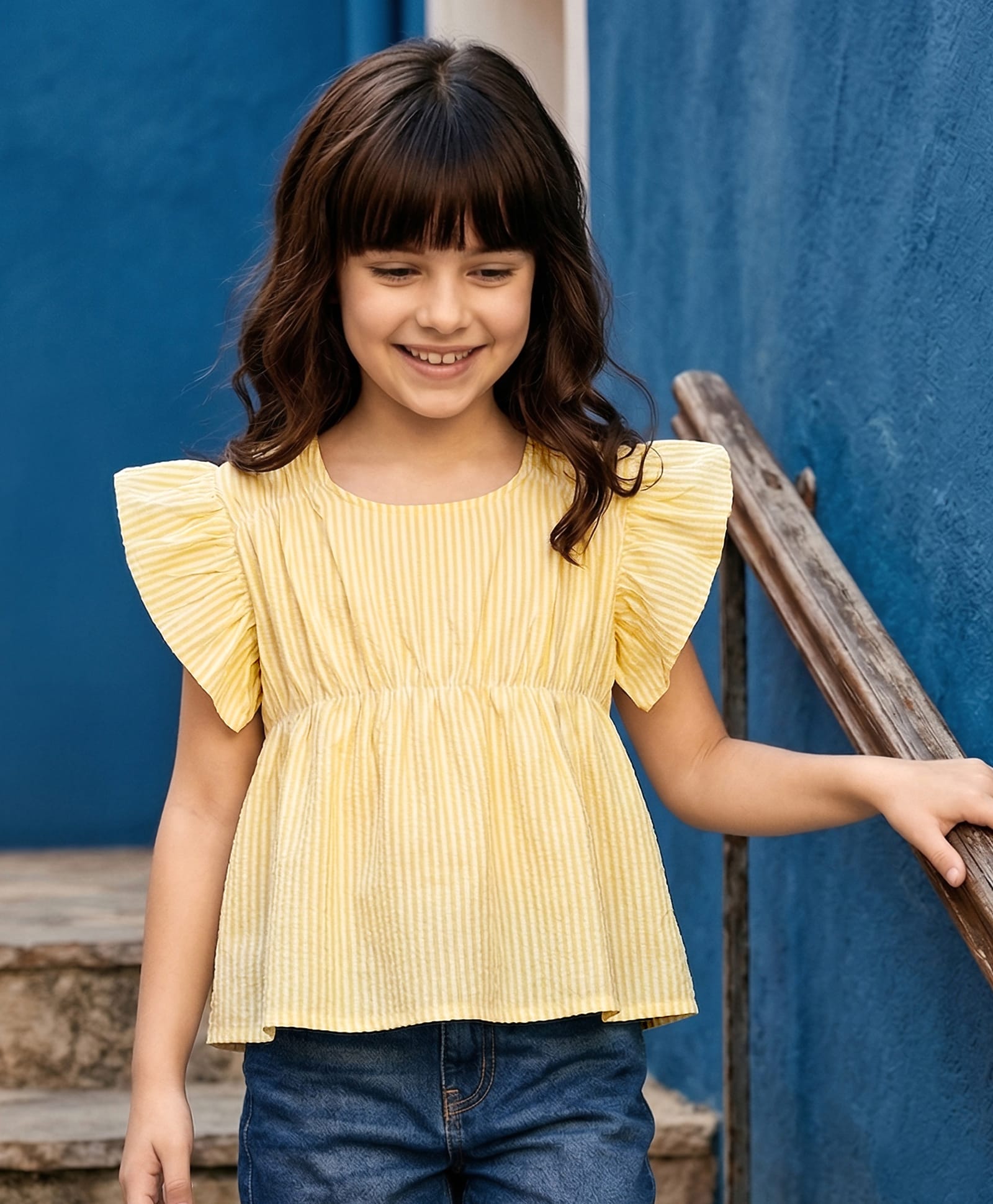 kookie kids india Kookie Kids Woven Frill Sleeves Butterfly Yard Dyed Striped Top - Yellow-picture-28