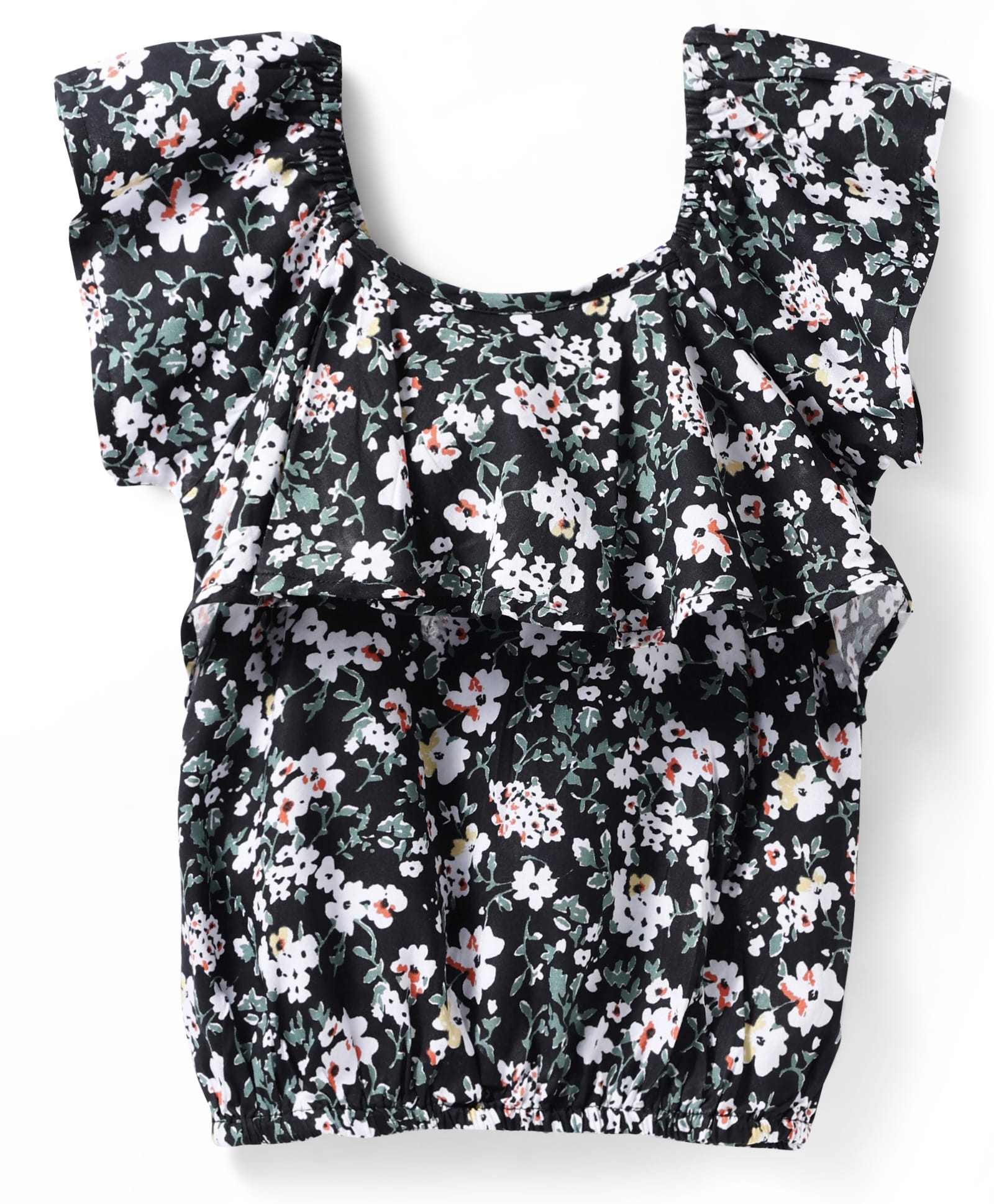 kookie kids india Kookie Kids Cotton Rayon Woven Frill Sleeves Top with Floral Print & Elasticated Hem - Black-picture-11