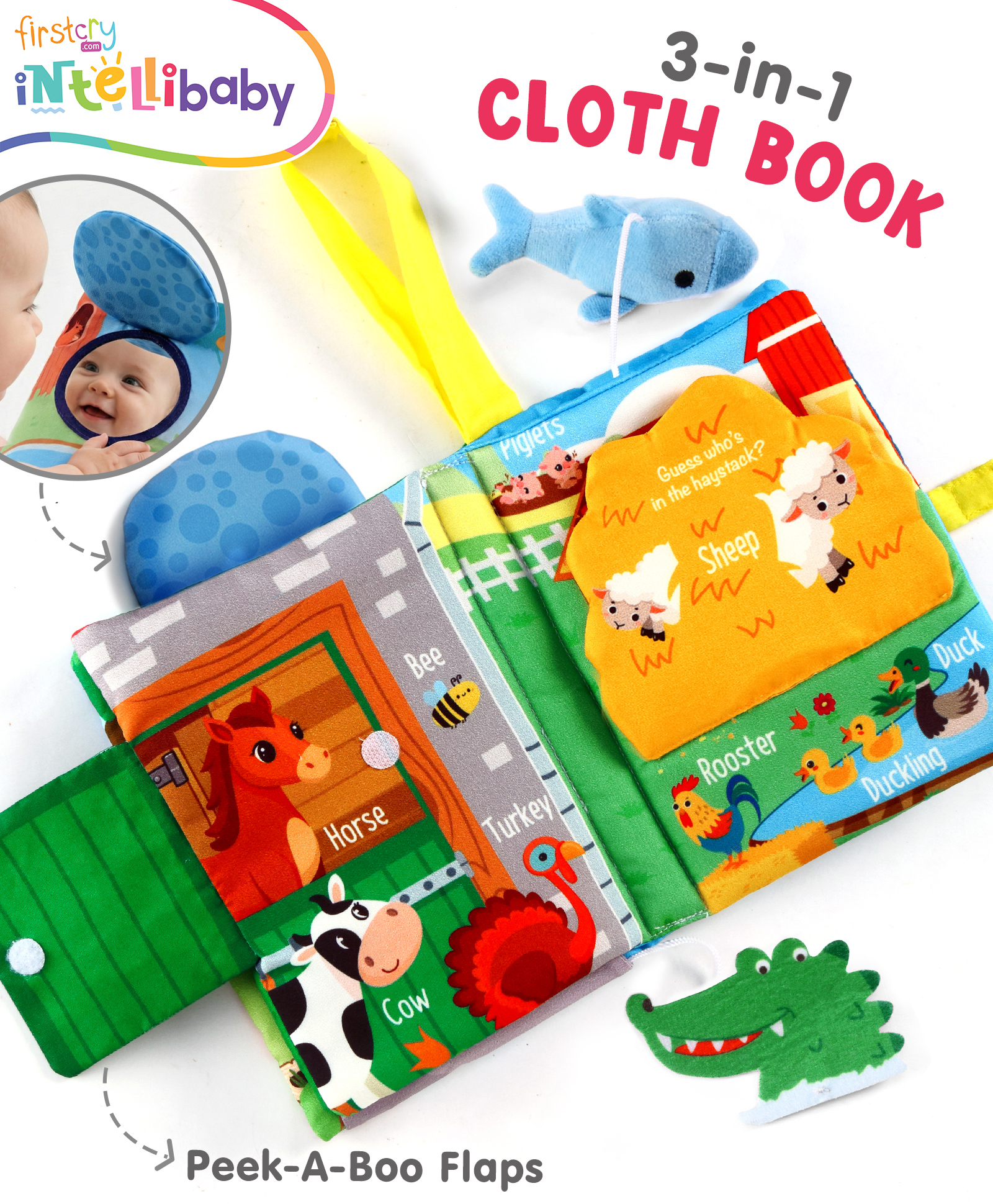 Intellibaby Peek-A-Boo Animal Pals Colourful Cloth Book | Crinkling Sound & Soft Toys | Washable | Boosts Sensory Play & Early Learning | BIS Approved | Educator Recommended | Ideal For Gifting