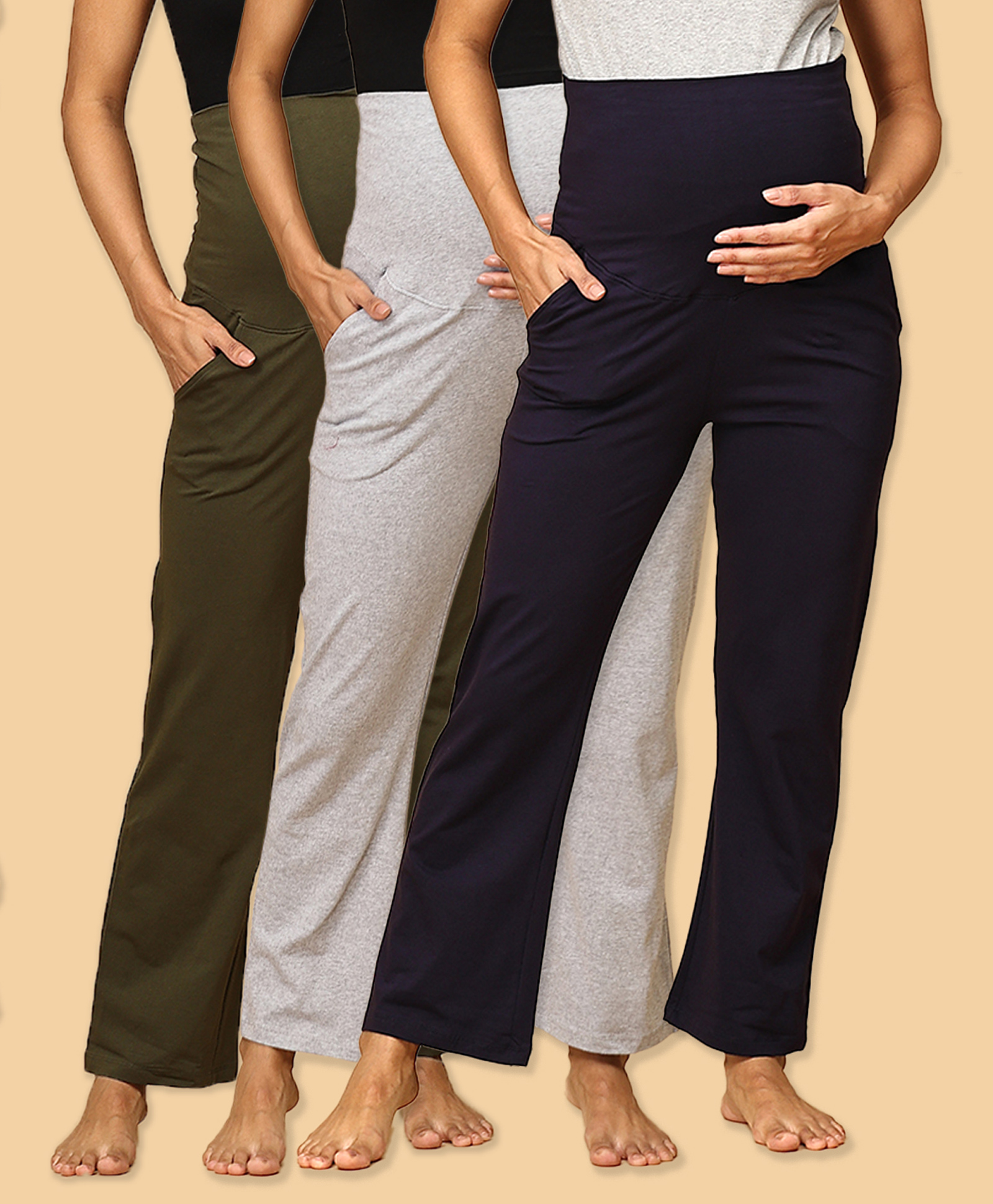 The Mom Store Pack Of 3 Cotton Spandex Solid Maternity Track Pants - Olive Green Navy Blue & Grey