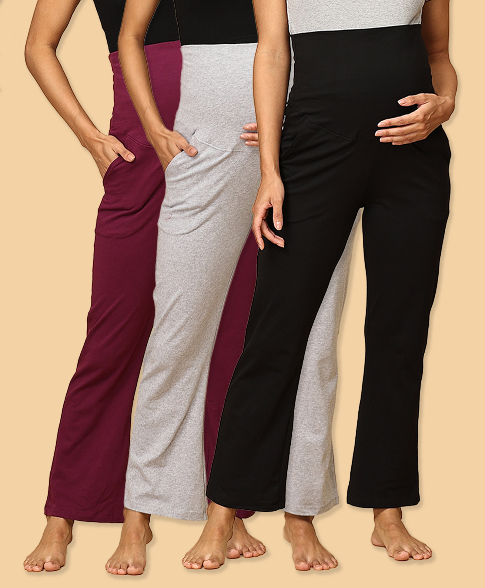 The Mom Store Pack Of 3 Cotton Spandex Solid Maternity Track Pants - Grape Grey & Black-image-42