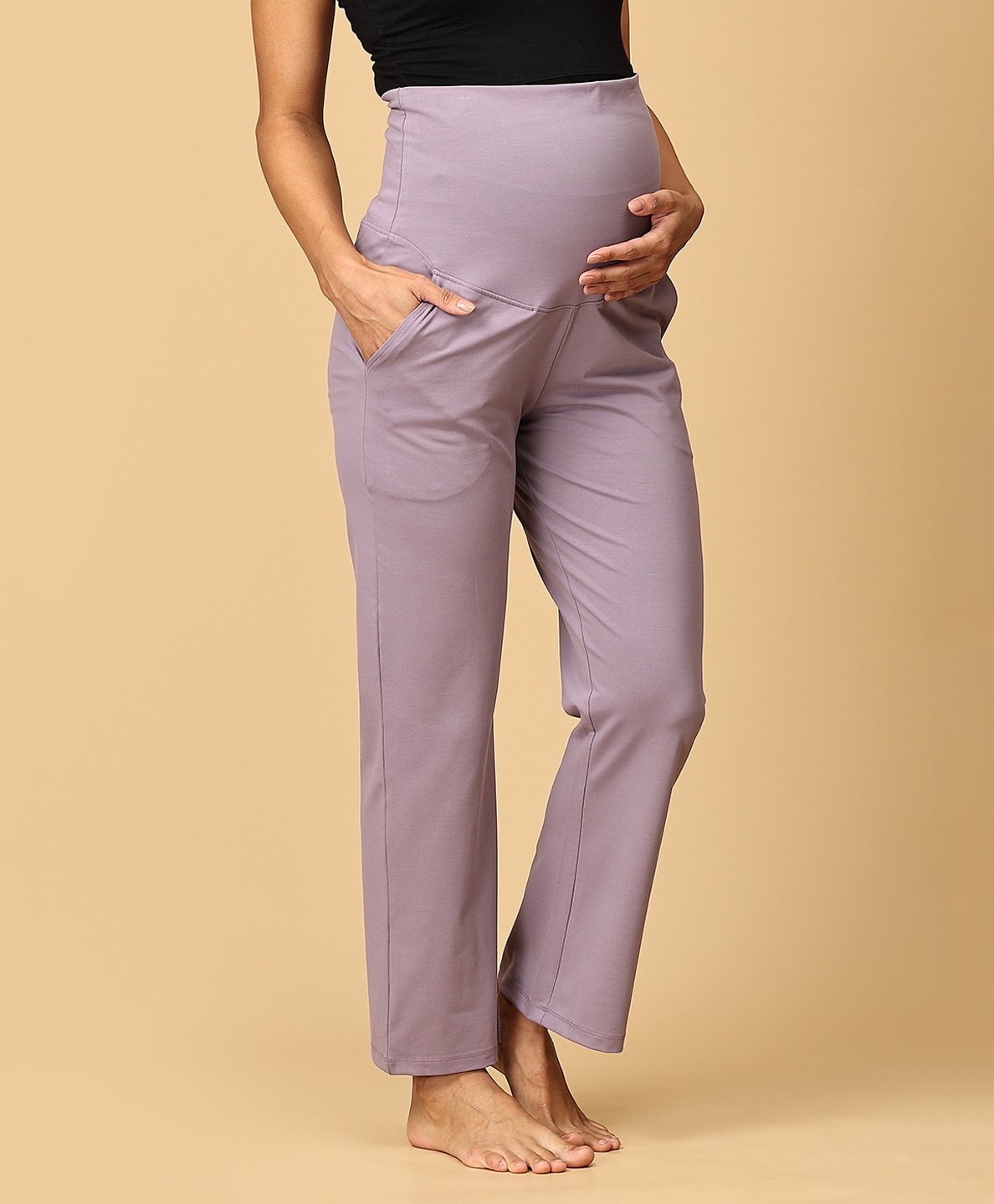 The Mom Store Cotton Spandex Solid Maternity Yoga Track Pants - Lavender-image-19