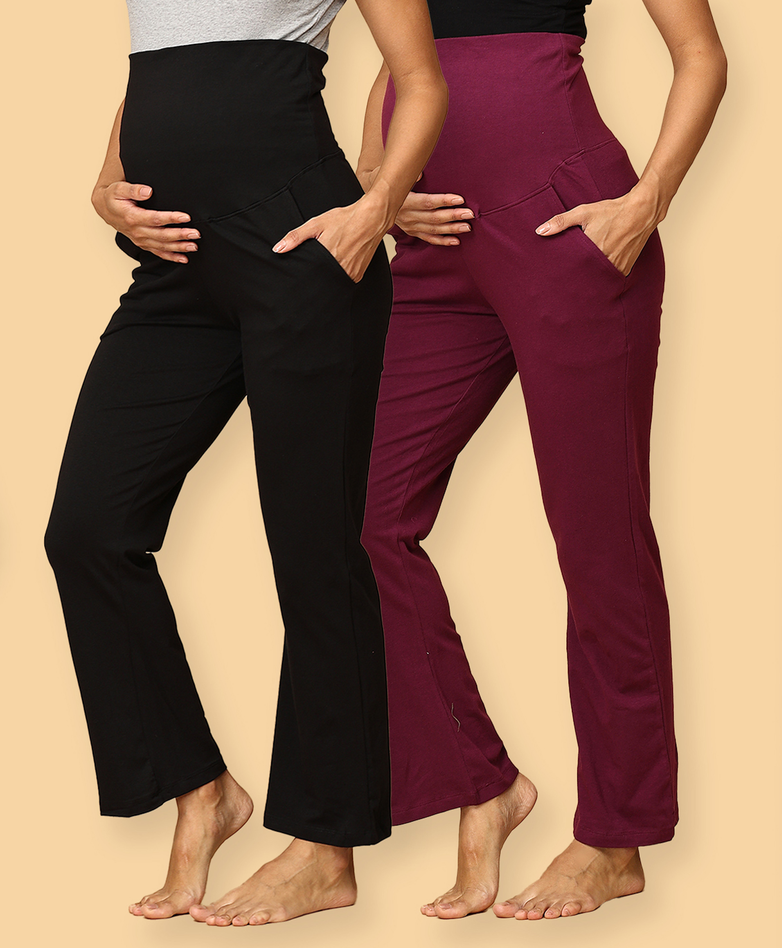 The Mom Store Pack Of 2 Cotton Spandex Solid Maternity Track Pants - Black & Wine