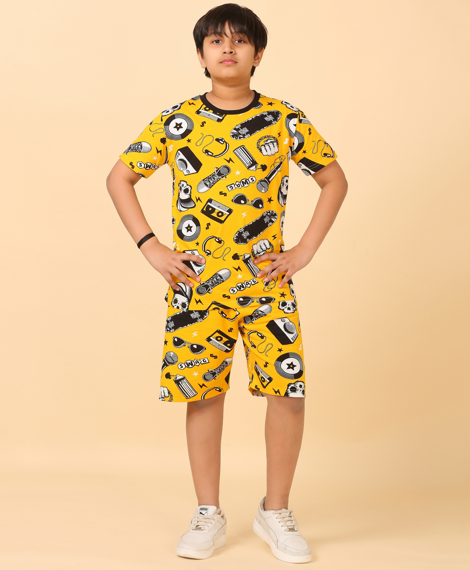 Ninos Dreams Cotton Jersey Knit Half Sleeves Skateboard & Mic Printed Coordinating Night Suit Set - Yellow-image-20