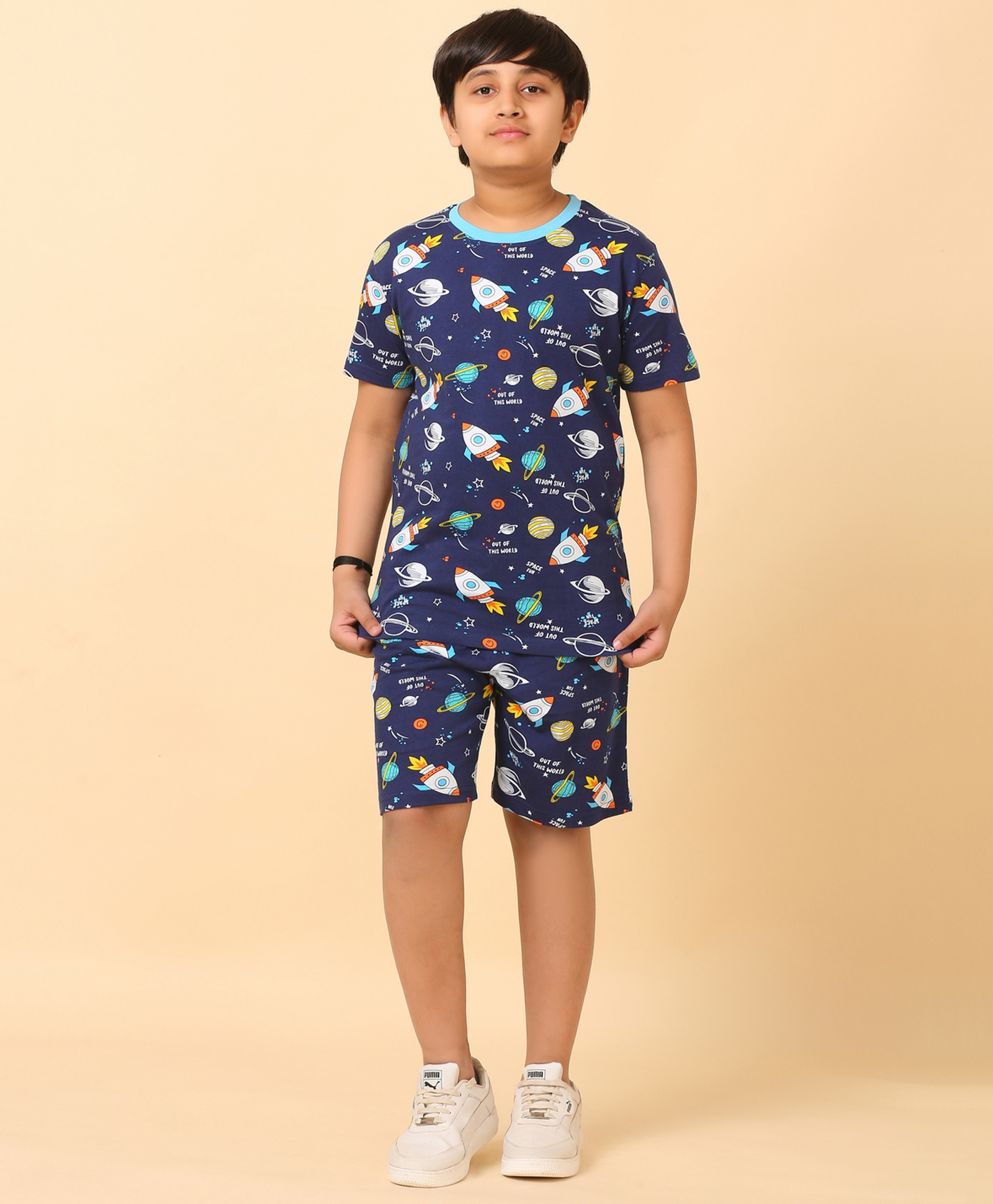 Ninos Dreams Cotton Jersey Knit Half Sleeves Space Theme Printed Coordinating Night Suit Set - Blue-picture-11