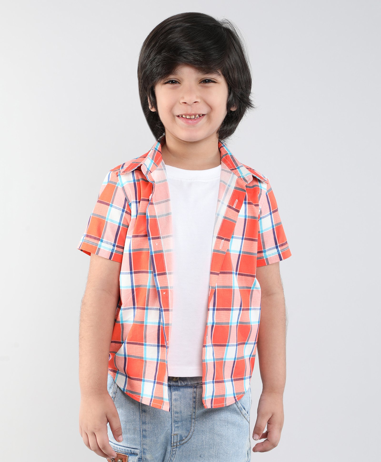 Taffykids 100% Cotton Half Sleeves Checked Shirt With Attached Tee - Orange & Multi Colour-image-18