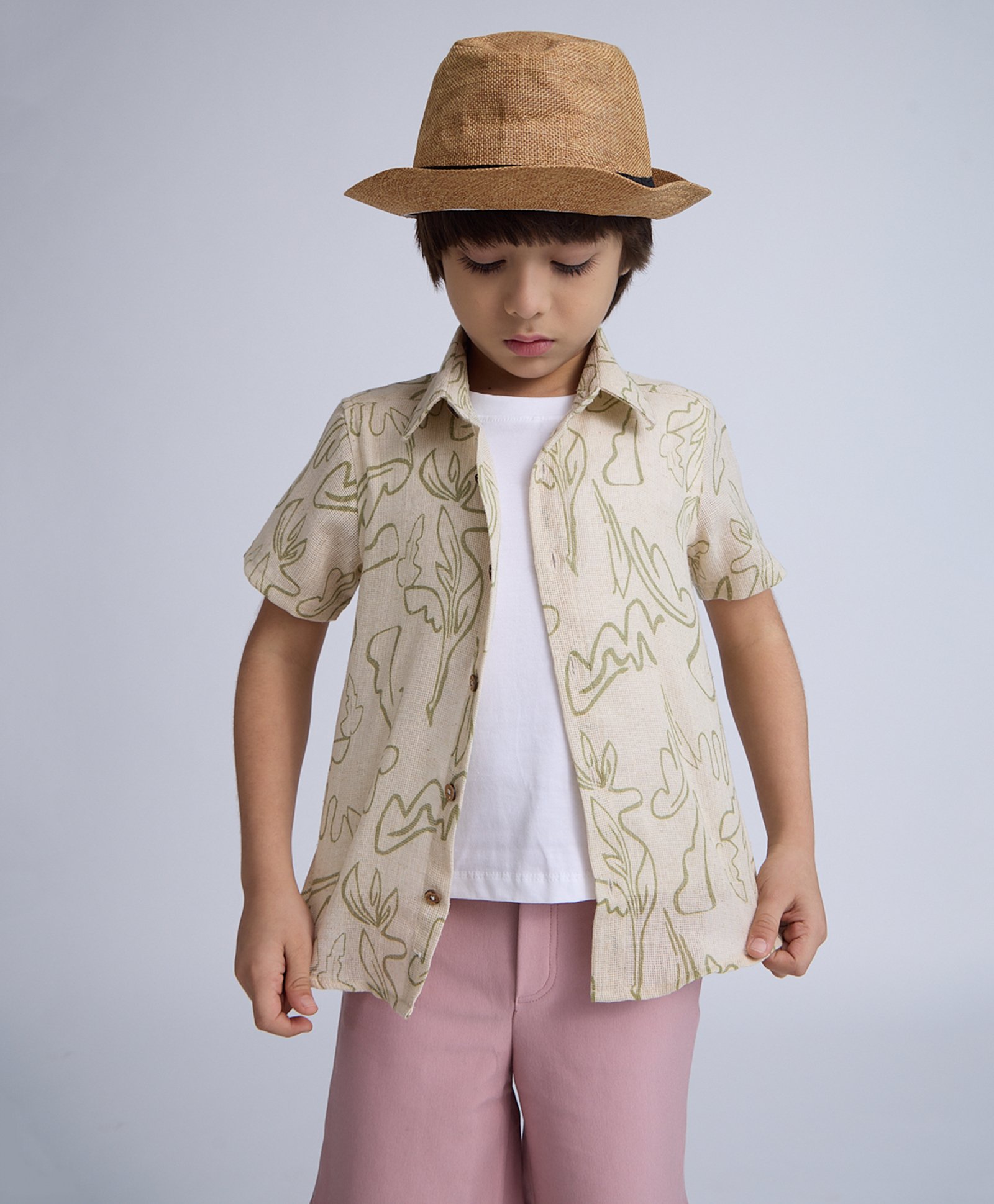 Taffykids Linen Half Sleeves Leaves Printed Shirt With Attached Tee - Multi Colour-picture-37