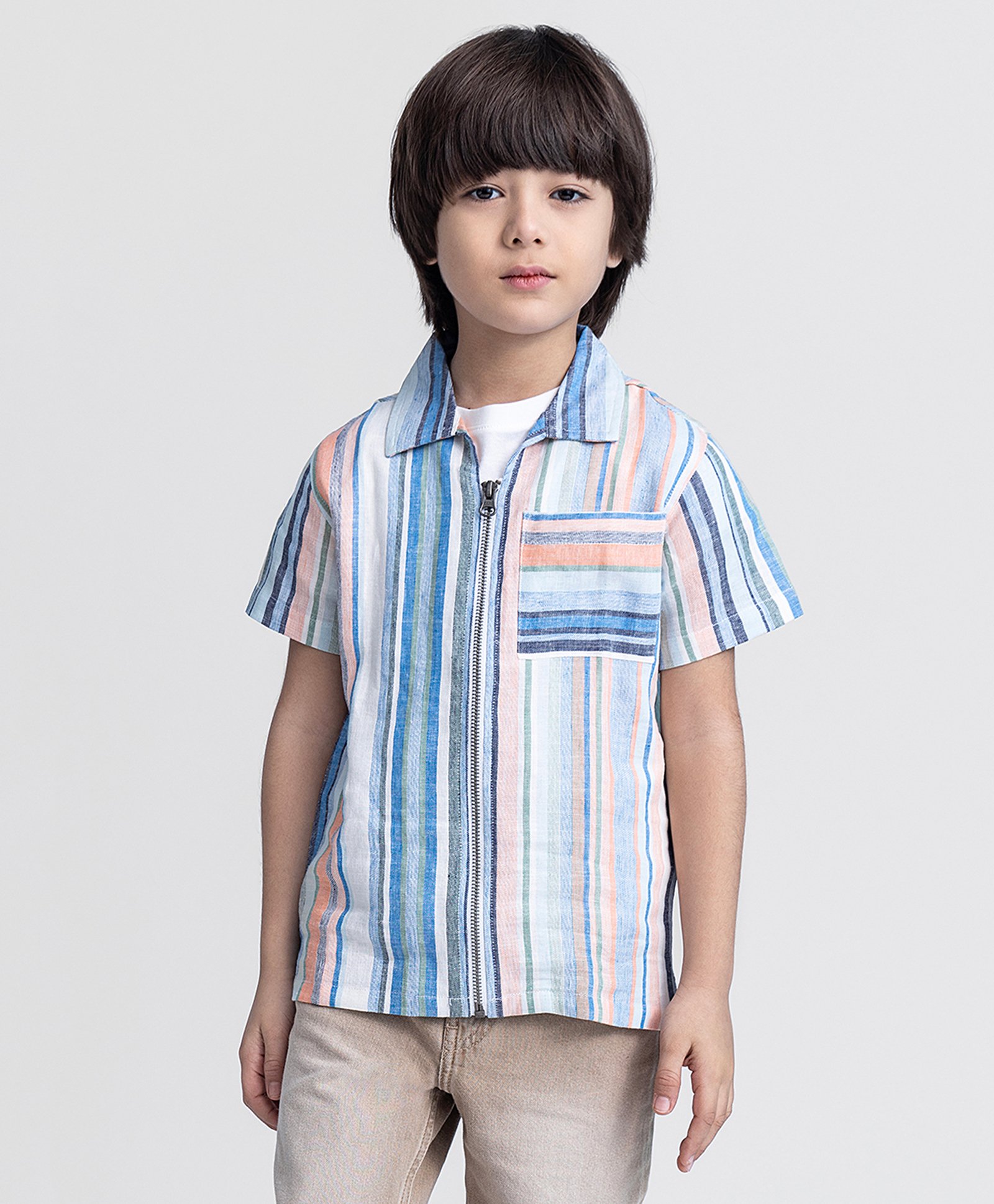 Taffykids Cotton Blend Half Sleeves Striped Zip Up Shirt - Multi Colour-picture-38