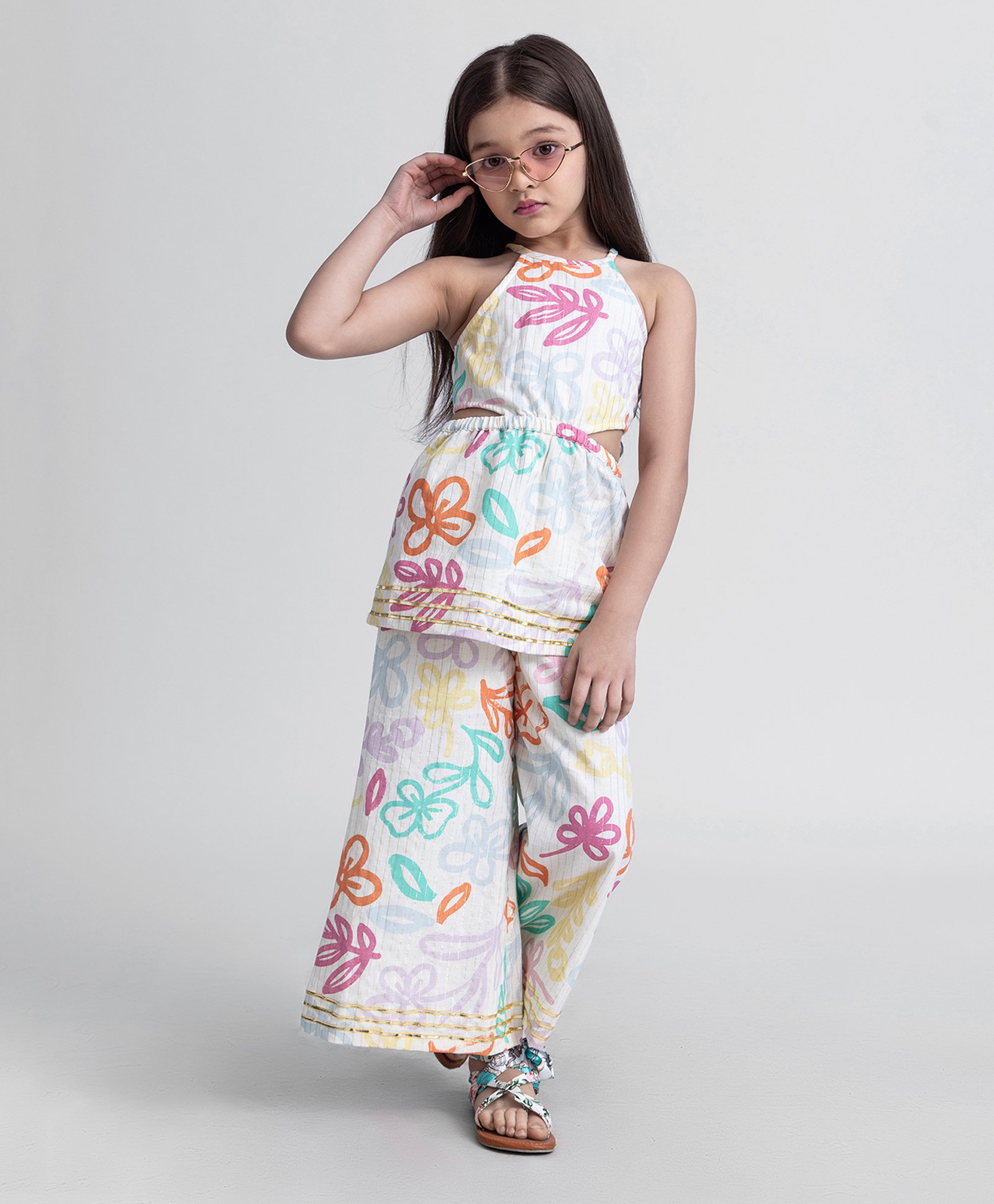 Taffykids 100% Cotton Sleeveless Floral Printed Top & Palazzo Coordinating Set - Multi Colour-image-45