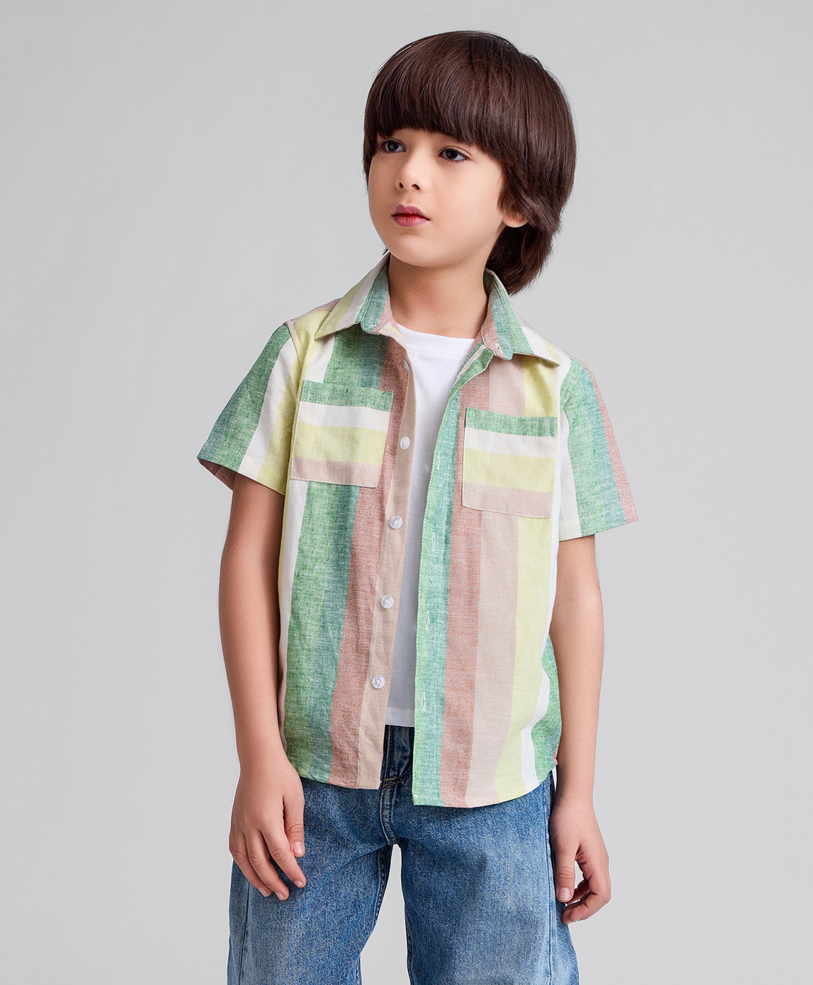 Taffykids Linen Half Sleeves Pockets Detailed Striped Shirt With Attached Tee - Multi Colour-image-4