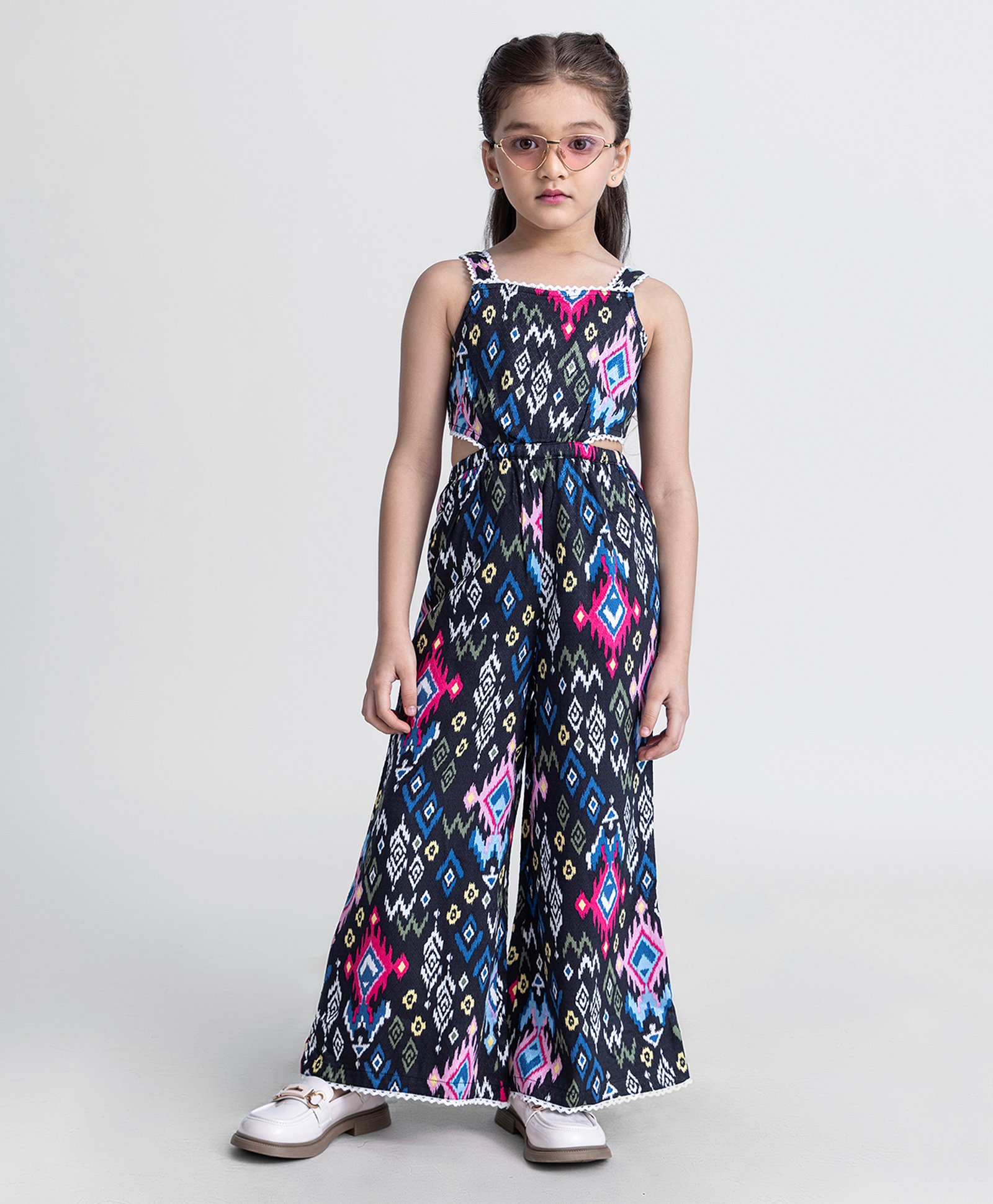 Taffykids Sleeveless Abstract Printed Jumpsuit - Black & Multi Colour-image-4