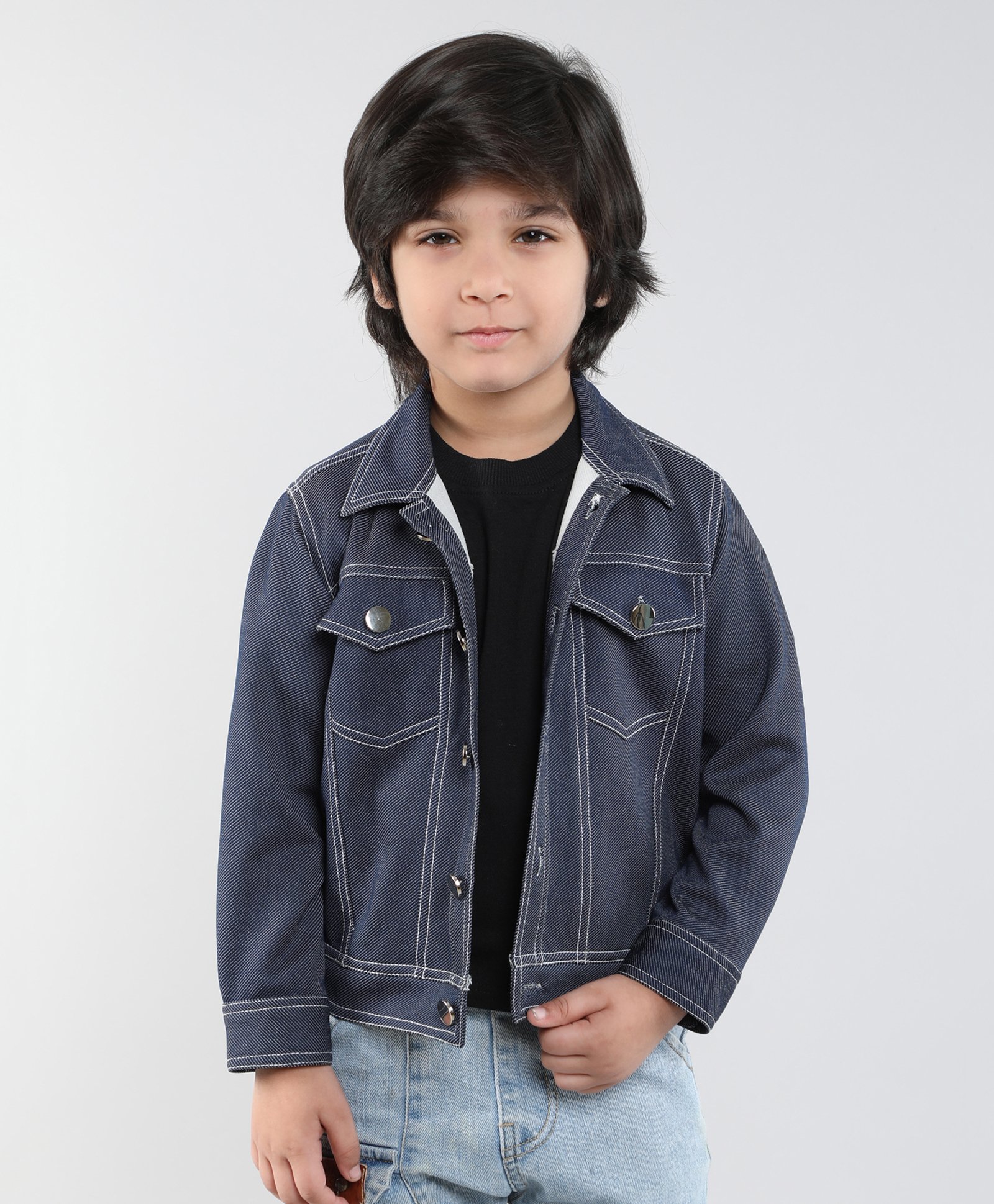 Taffykids Twill Full Sleeves Stitch Detailed Button Up Jacket - Blue-picture-0