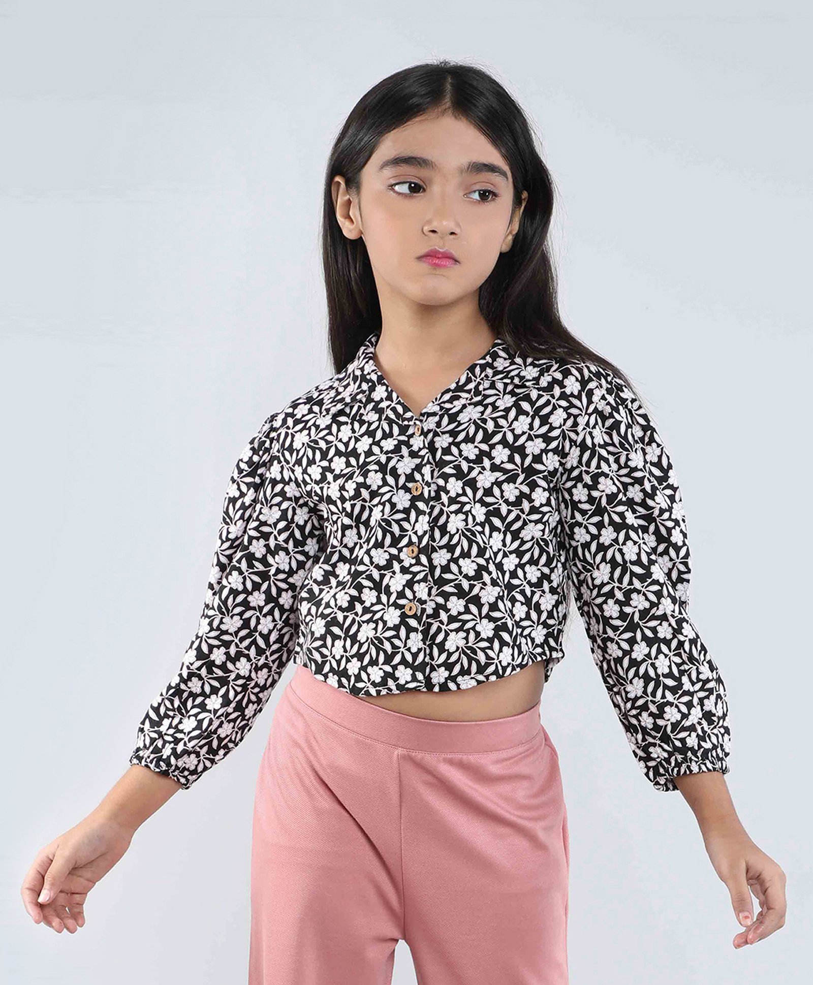 Taffykids Cotton Three Fourth Puffed Sleeves Floral Printed Shirt Style Top - Black & white-image-16